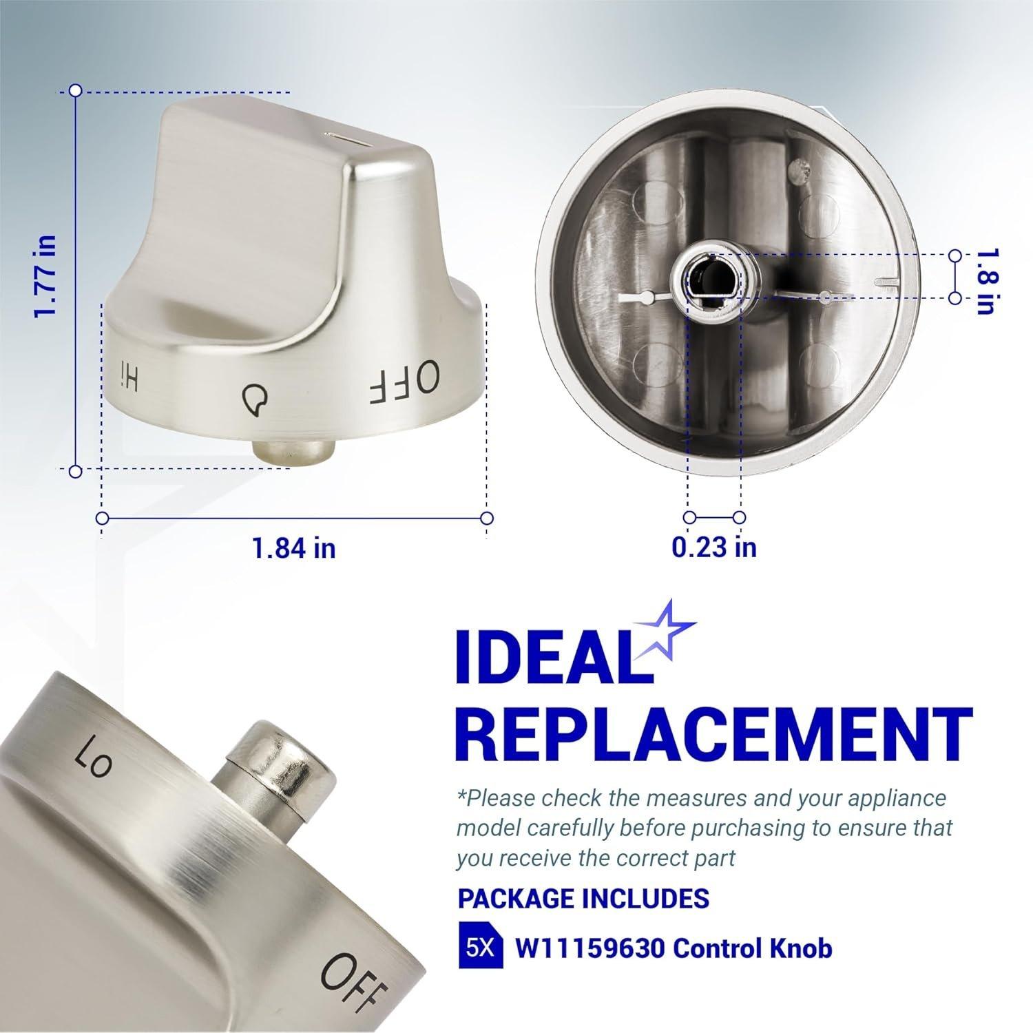 [Lifetime Warranty] W11159630 W11023139 Surface Burner Knob Control Knob Compatible with Whirlpool Gas Range - Replaces KIP 5T09 AP6284486 4813782 PS12347845 - Stainless Steel - Pack 5 image 2