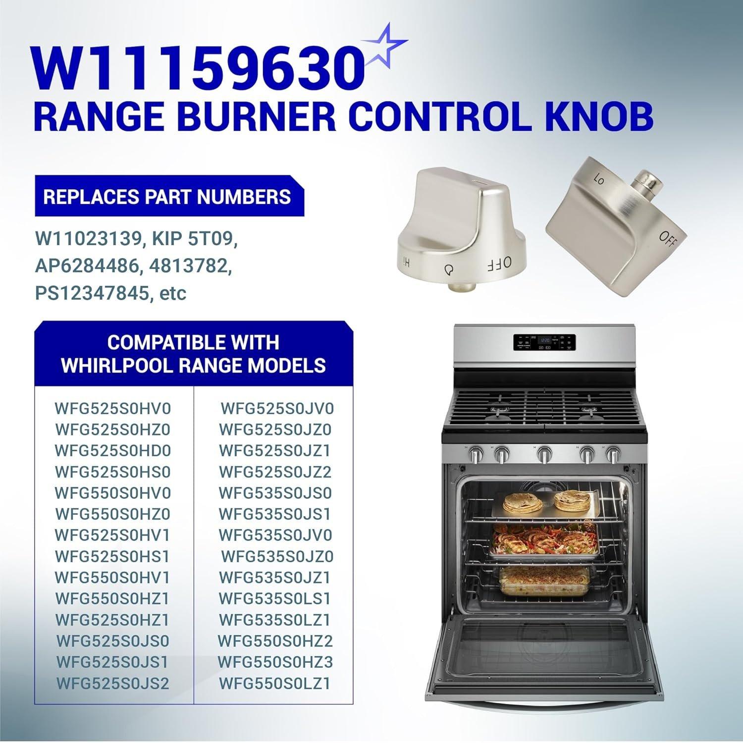 [Lifetime Warranty] W11159630 W11023139 Surface Burner Knob Control Knob Compatible with Whirlpool Gas Range - Replaces KIP 5T09 AP6284486 4813782 PS12347845 - Stainless Steel - Pack 5 image 3