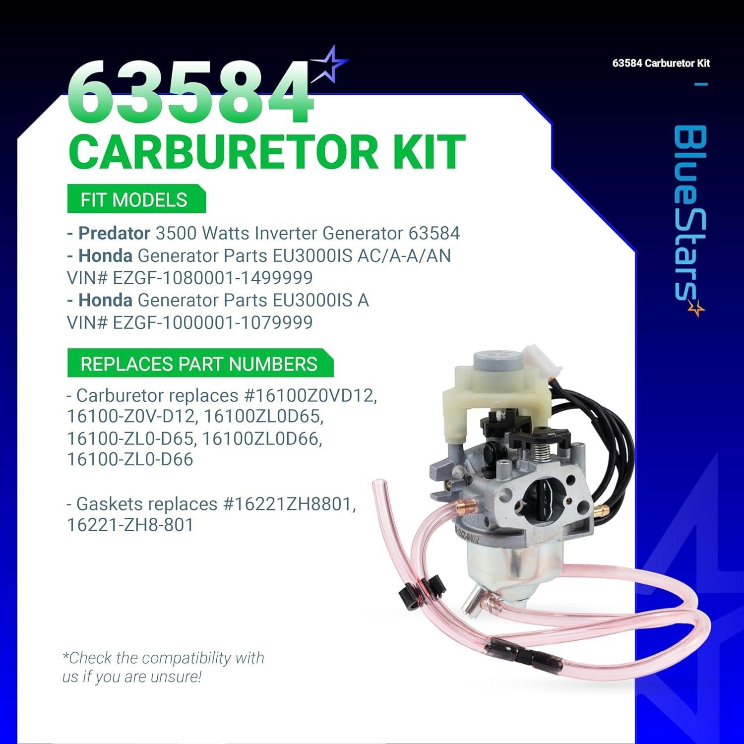 [Lifetime Warranty] 63584 Carburetor Kit - Fit Huayi Predator 3500 Watts Inverter Generator 63584 Carb 3500W with Gaskets, Air Filter, Spark Plug, Fuel Line - Replaces 16100-ZL0-D66 16100-Z0V-D12 16100-ZL0-D65 image 8