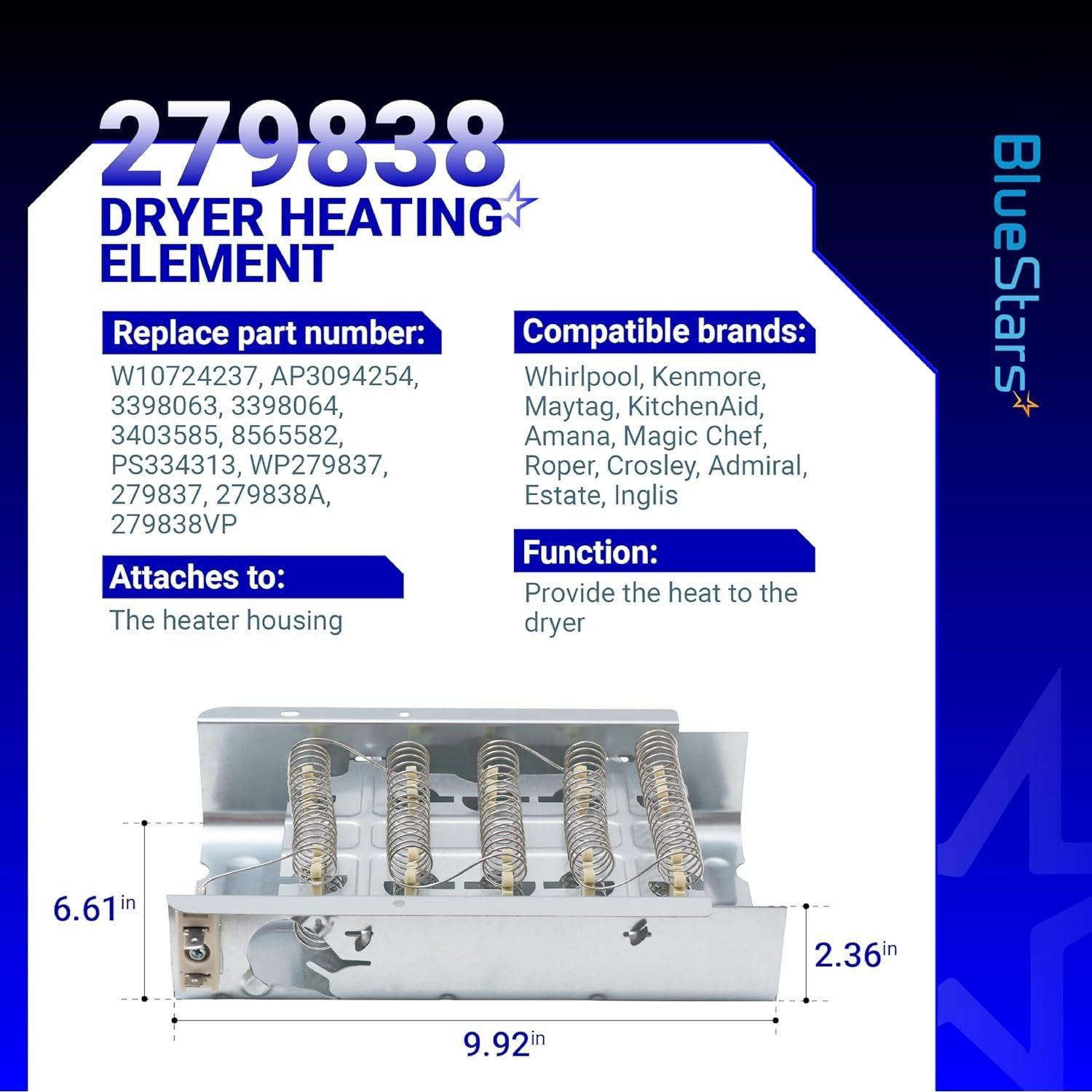 [Lifetime Warranty] 279838 W10724237 3403585 Dryer Heating Element - Compatible with Whirlpool Amana Maytag Kitchenaid Kenmore 70 80 110 Series WED4815EW1 MEDC465HW0 NED4655EW1-3398064, 8565582 image 2