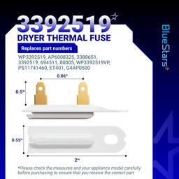 [Lifetime Warranty] 3392519 Dryer Thermal Fuse - Compatible with Whirlpool Kenmore - Replaces AP6008325 G4AP0500 3388651 694511 80005 WP3392519VP - Pack of 2 thumbnail 2