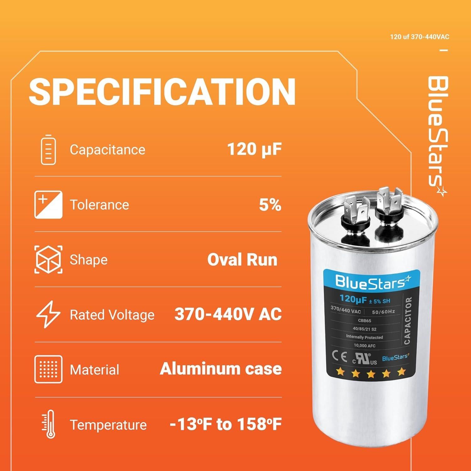 [Lifetime Warranty] 120 uF MFD 370/440 VAC Â±5% Round Run Capacitor 50/60 Hz - Fits AC Motor Run, Fan Start, Condenser image 4