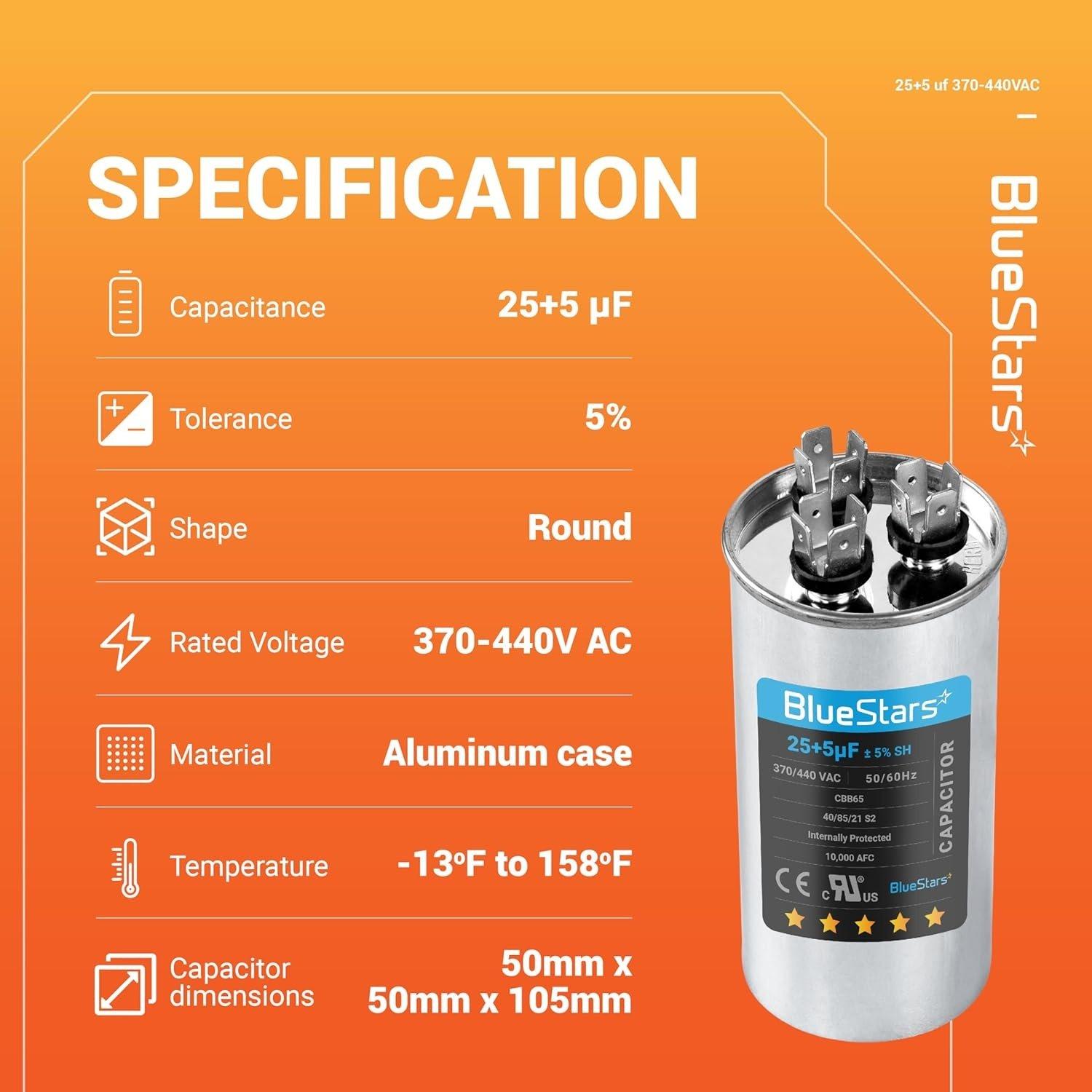 [Lifetime Warranty] 25+5 uF MFD ±5% 370/440 VAC CBB65 50/60 Hz Dual Run Start Round Air Conditioner Capacitor - Fits AC Unit Fan Motor, Heat Pump image 8