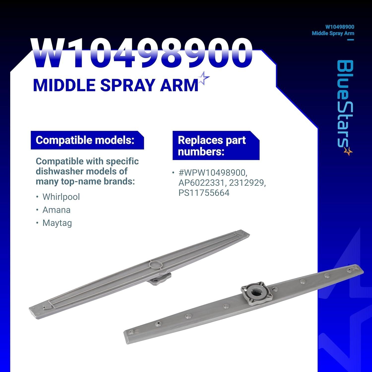 [Lifetime Warranty] W10498900 Dishwasher Middle Spray Arm Assembly - For Whirlpool, Amana, Maytag - Replaces W10498900 AP6022331 2312929 PS11755664 WDTA50SAHZ0 WDT750SAHZ0 WDT720PADM2 image 1