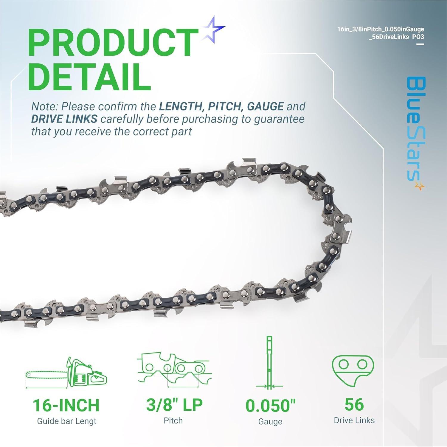 [Lifetime Warranty] 16-inch Chainsaw Chain 3/8" LP Pitch, 0.050" Gauge, 56 Drive Links - Pack of 3 image 1