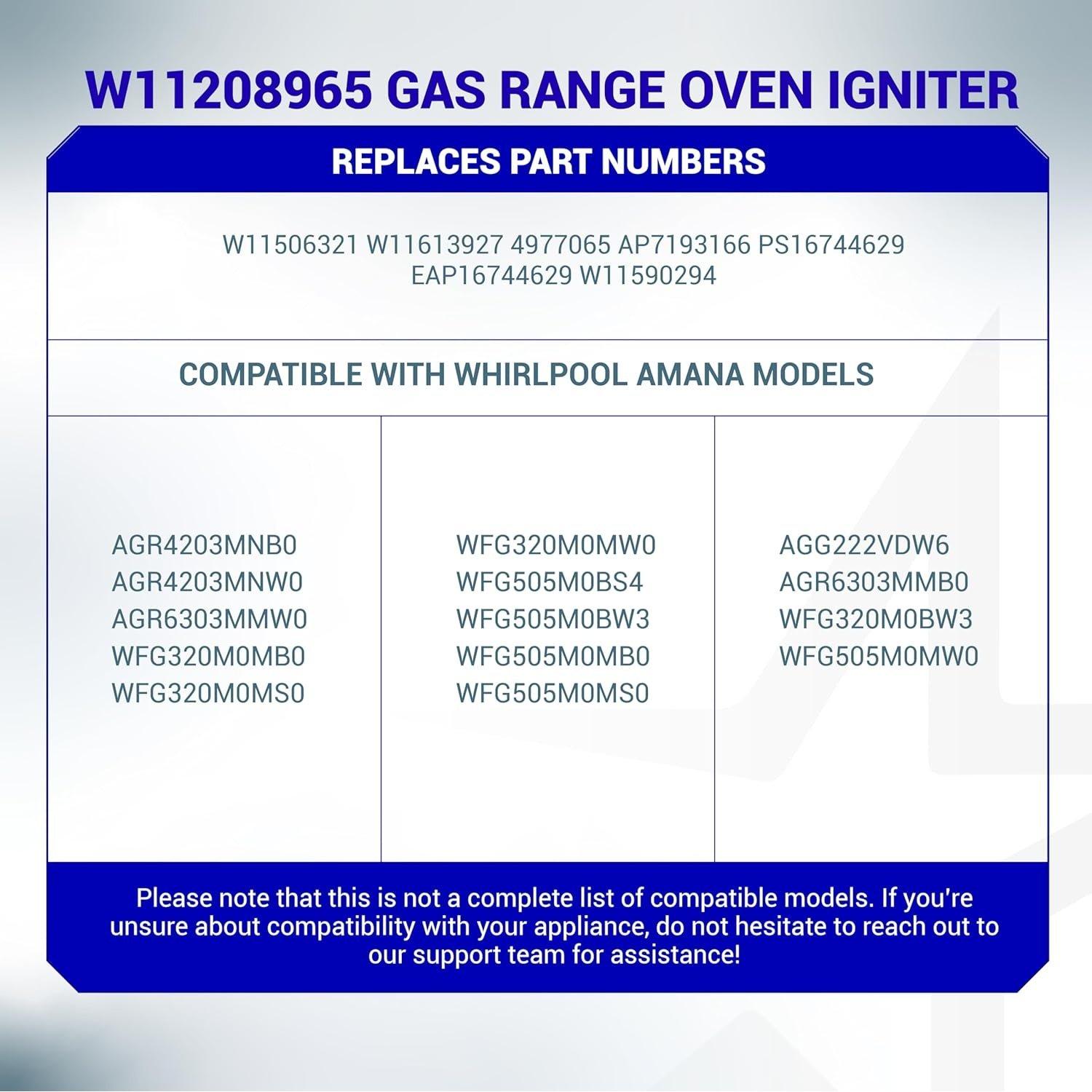 [Lifetime Warranty] W11208965 Gas Range Oven Igniter - For Whirlpool Amana Gas Range WFG320M0MB0 WFG320M0MS0 WFG320M0MW0 WFG505M0BS4 Replace W11506321 W11613927 4977065 AP7193166 EAP16744629 image 7