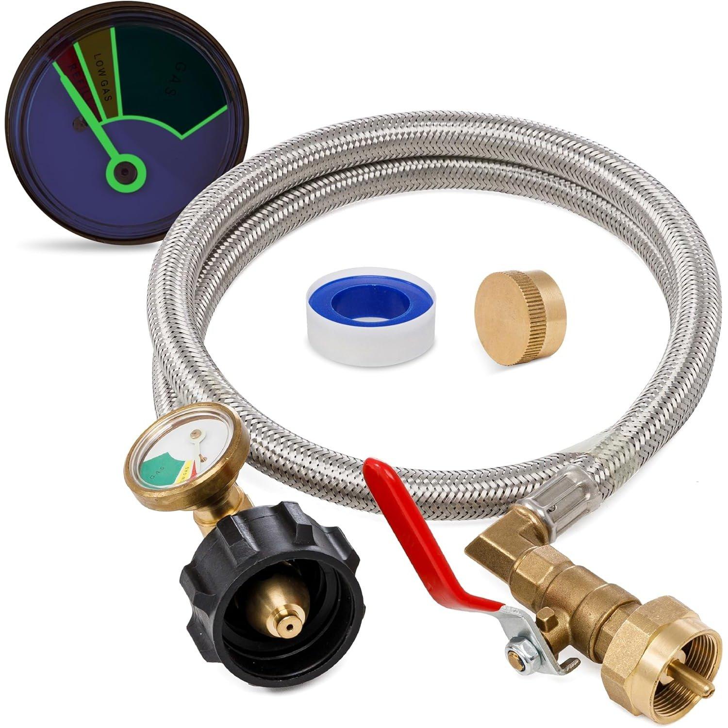 [Lifetime Warranty] CSA Certified 3 Feet Propane Refill Adapter Hose with Gauge & ON/Off Control Valve Stainless Steel Extension Propane Refill Hose Fill 1 Pound Bottles from 5-40lb Tank - with Cap, Tape image 0