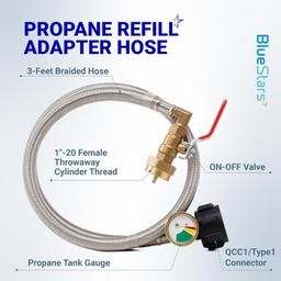 [Lifetime Warranty] CSA Certified 3 Feet Propane Refill Adapter Hose with Gauge & ON/Off Control Valve Stainless Steel Extension Propane Refill Hose Fill 1 Pound Bottles from 5-40lb Tank - with Cap, Tape thumbnail 5