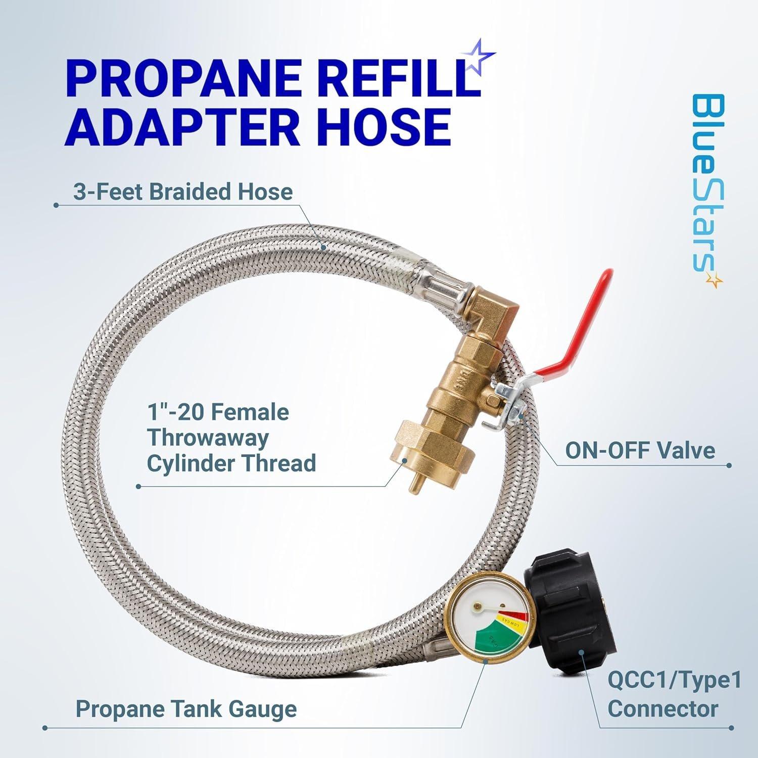 [Lifetime Warranty] CSA Certified 3 Feet Propane Refill Adapter Hose with Gauge & ON/Off Control Valve Stainless Steel Extension Propane Refill Hose Fill 1 Pound Bottles from 5-40lb Tank - with Cap, Tape image 5