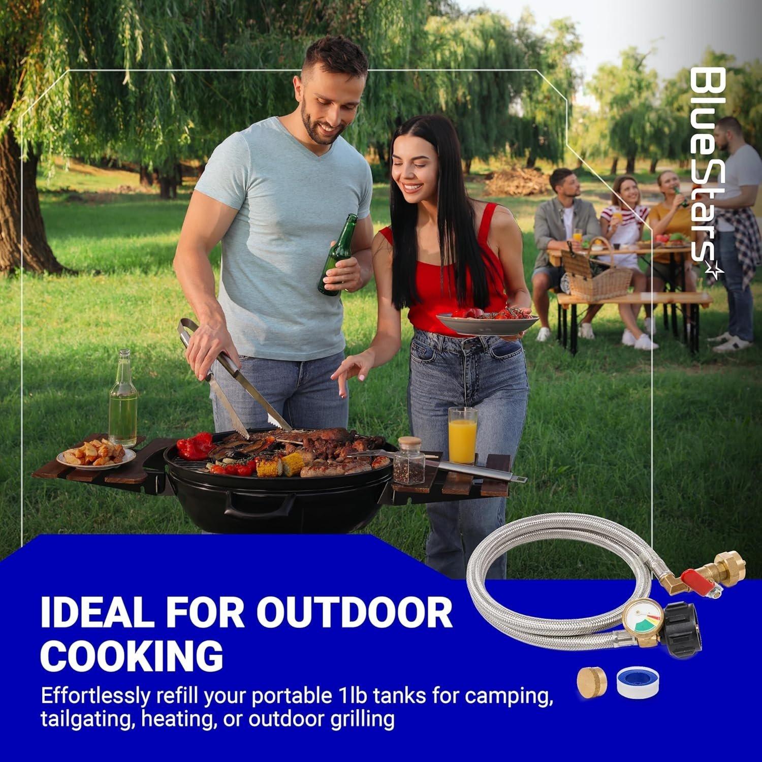 [Lifetime Warranty] CSA Certified 3 Feet Propane Refill Adapter Hose with Gauge & ON/Off Control Valve Stainless Steel Extension Propane Refill Hose Fill 1 Pound Bottles from 5-40lb Tank - with Cap, Tape image 7