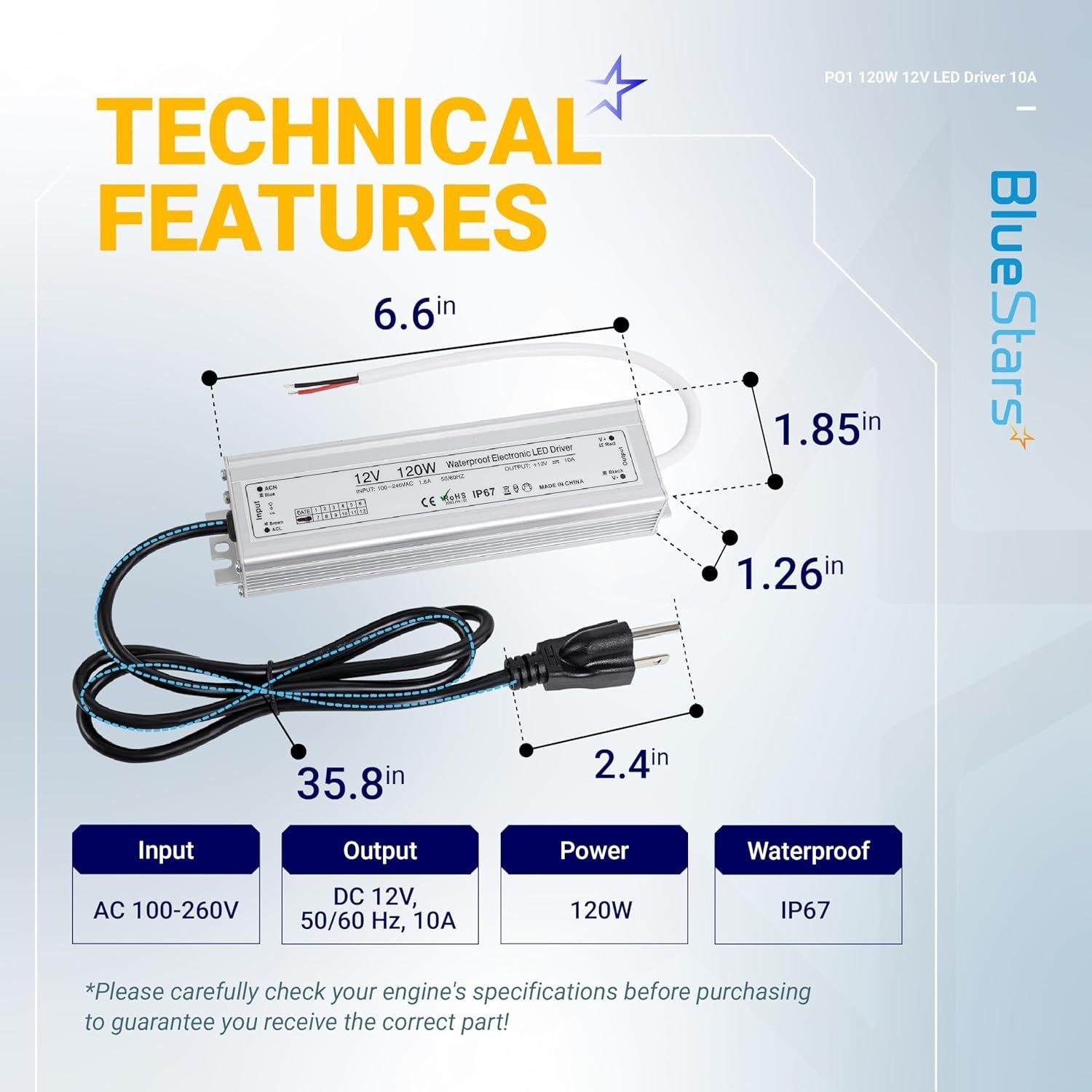 120W 12V LED Power Supply Driver 10A with US Standard 3-Prong Plug by BlueStars - AC 100-260V to 12V DC Constant Voltage Transformer, IP67 Waterproof for LED Strip Lights Indoor & Outdoor image 4