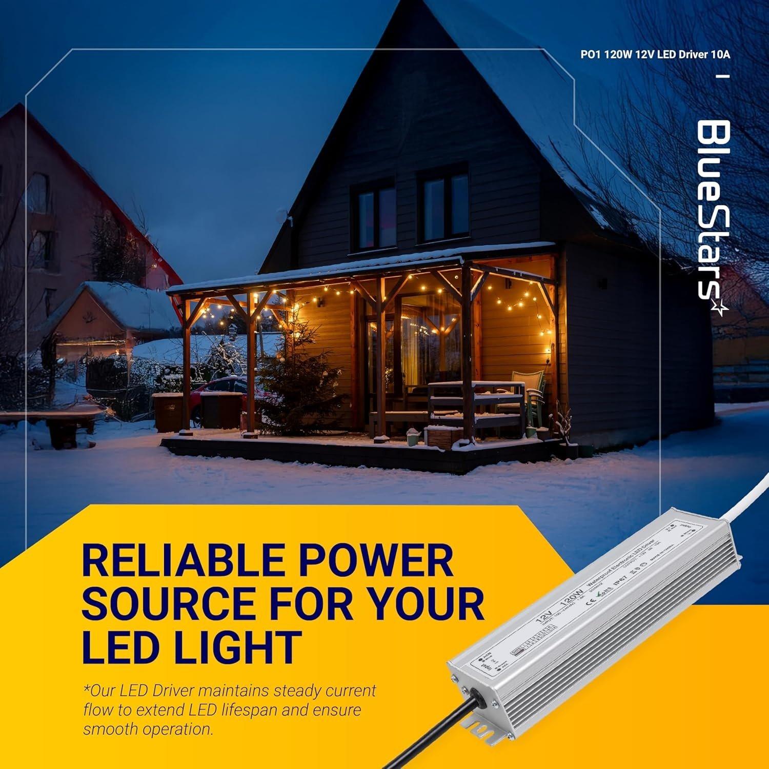 120W 12V LED Power Supply Driver 10A with US Standard 3-Prong Plug by BlueStars - AC 100-260V to 12V DC Constant Voltage Transformer, IP67 Waterproof for LED Strip Lights Indoor & Outdoor image 3