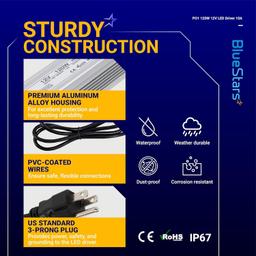 120W 12V LED Power Supply Driver 10A with US Standard 3-Prong Plug by BlueStars - AC 100-260V to 12V DC Constant Voltage Transformer, IP67 Waterproof for LED Strip Lights Indoor & Outdoor thumbnail 6