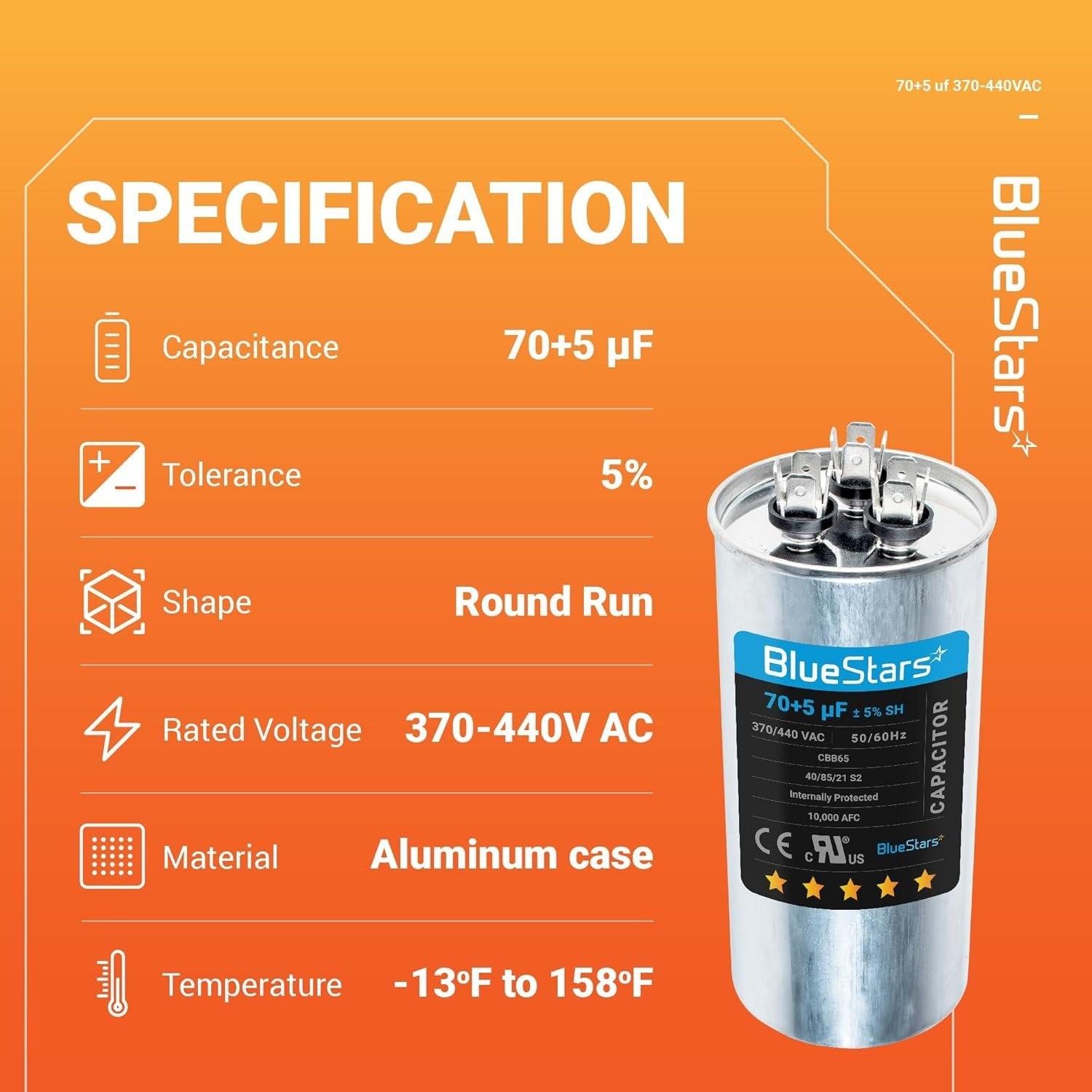[Lifetime Warranty] 70+5 uF MFD ±5% 370/440 VAC CBB65 Dual Run Circular Start Capacitor - Fits AC Motor Run, Fan Start, Heat Pump image 10