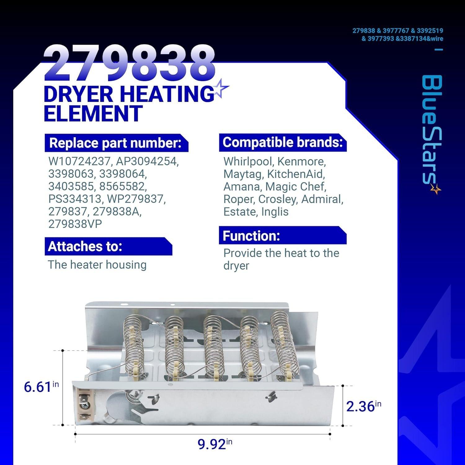 [Lifetime Warranty] 279838 WED4815EW1 Heating Element for Whirlpool WED6200SW1 WED5000DW2 WED5300VW0 WED4800BQ1 Maytag MEDC215EW1 MEDX655DW1 Amana NED4655EW1 Roper Admiral Kenmore Dryer image 5