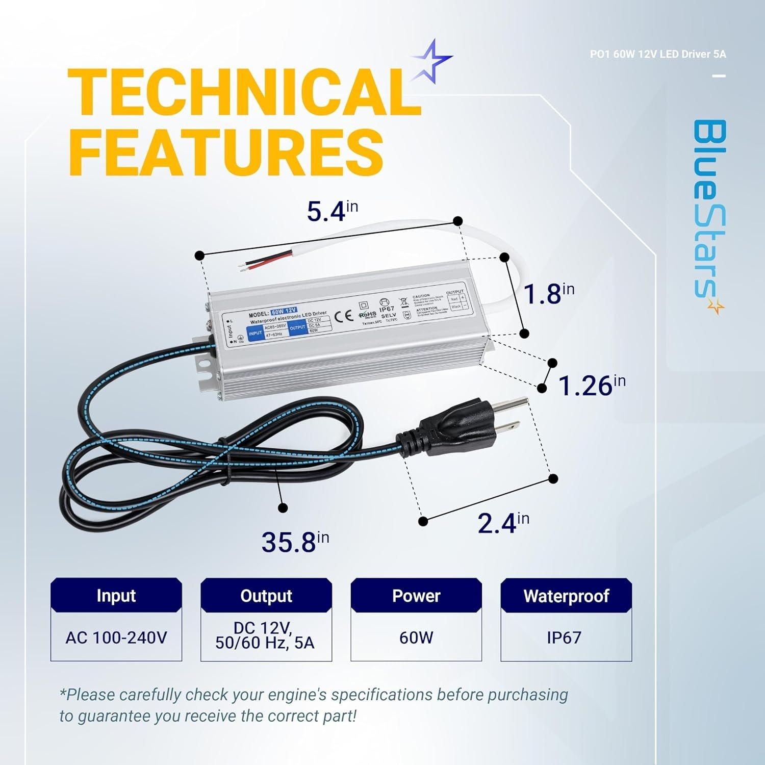[Lifetime Warranty] 12V LED Power Supply Driver 60W 5A AC 100-240V to 12V DC Transformer IP67 Waterproof image 2