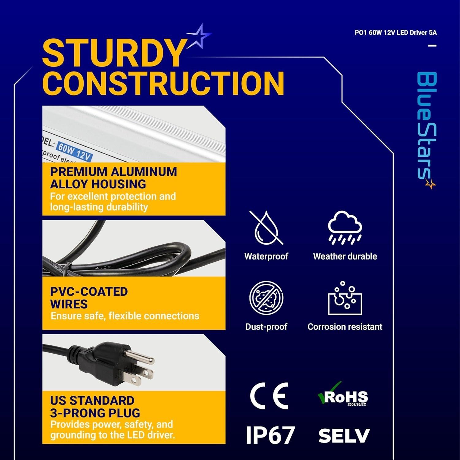 [Lifetime Warranty] 12V LED Power Supply Driver 60W 5A AC 100-240V to 12V DC Transformer IP67 Waterproof image 4