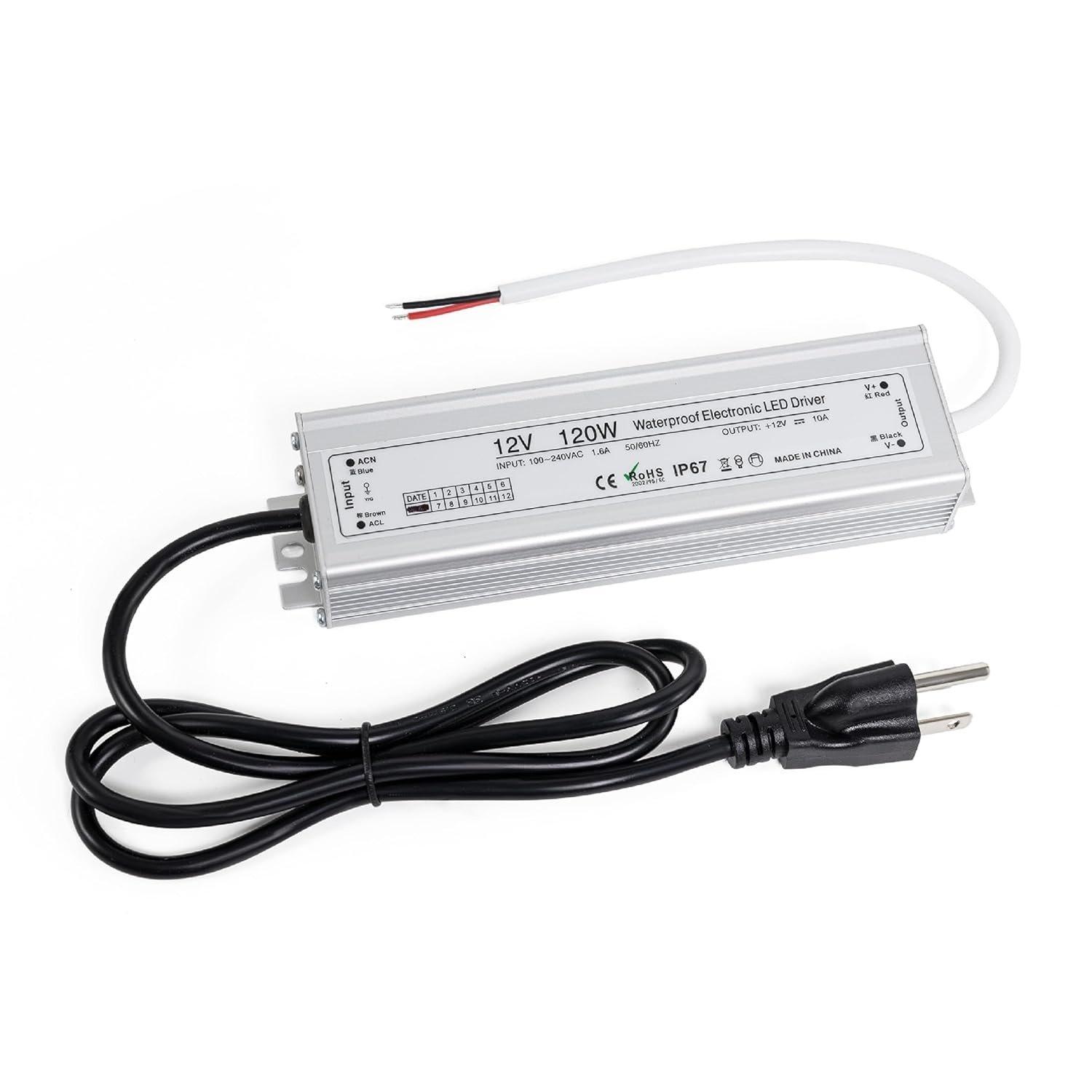 [Lifetime Warranty] 120W 12V LED Power Supply Driver 10A with US Standard 3-Prong Plug - AC 100-260V to 12V DC Constant Voltage Transformer, IP67 Waterproof image 0