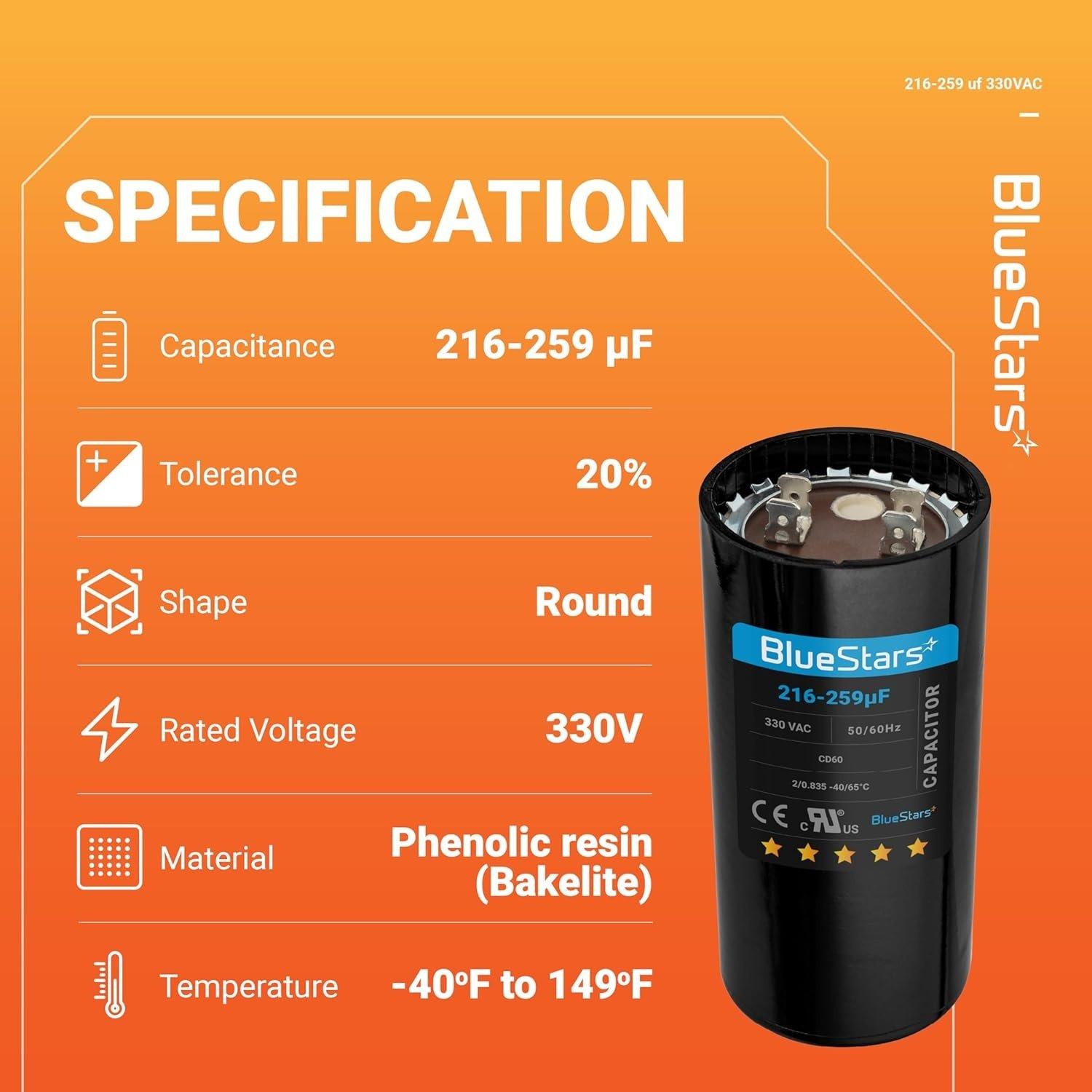 [Lifetime Warranty] 216-259 uF MFD 330 VAC Round Start Capacitor - Fits AC Motor Run, Fan Start, Heat Pump image 5