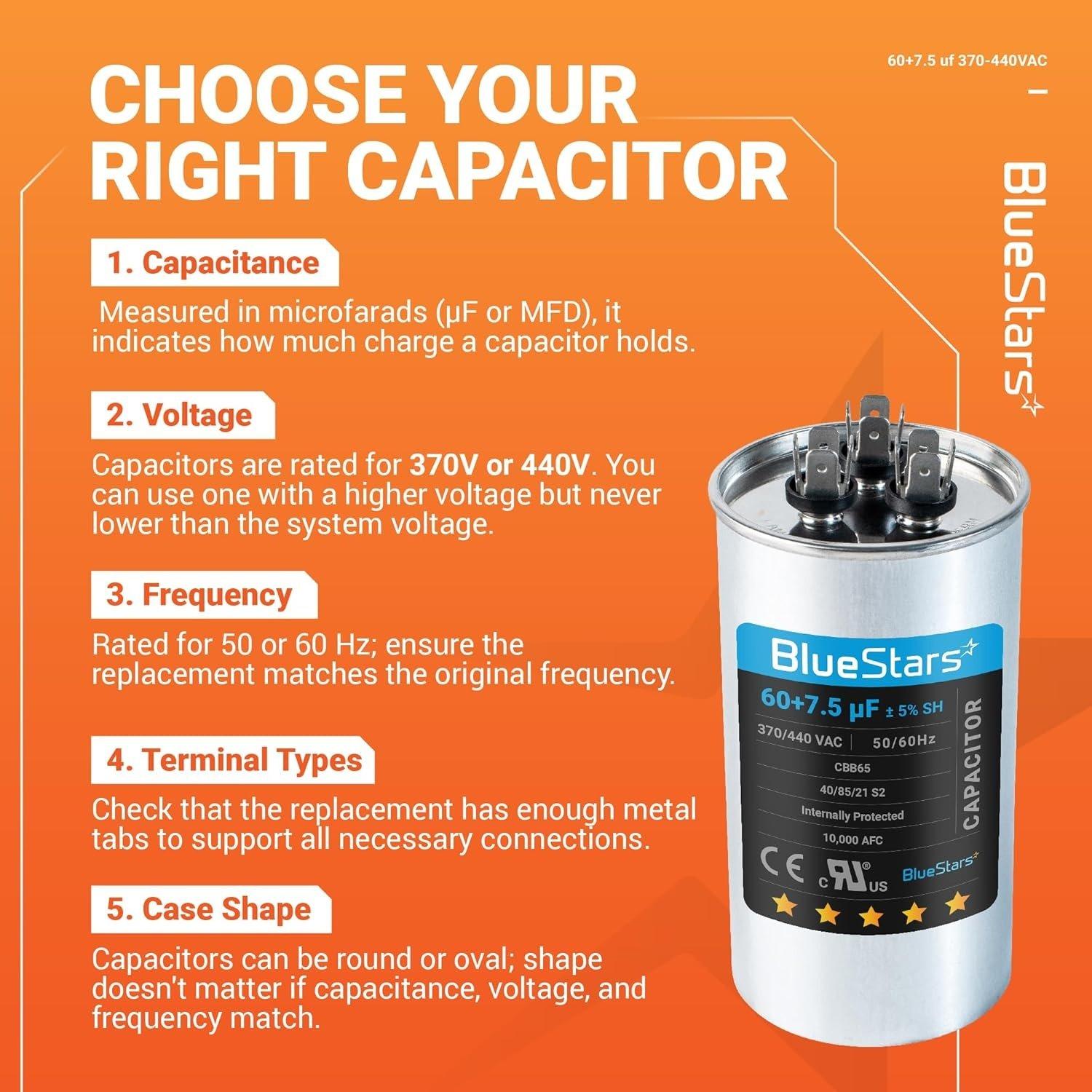 [Lifetime Warranty] 60+7.5 uF MFD Â±5% 370/440 VAC CBB65B Dual Run Round Capacitor - Fits AC Motor Run, Condenser, Heat Pump image 1