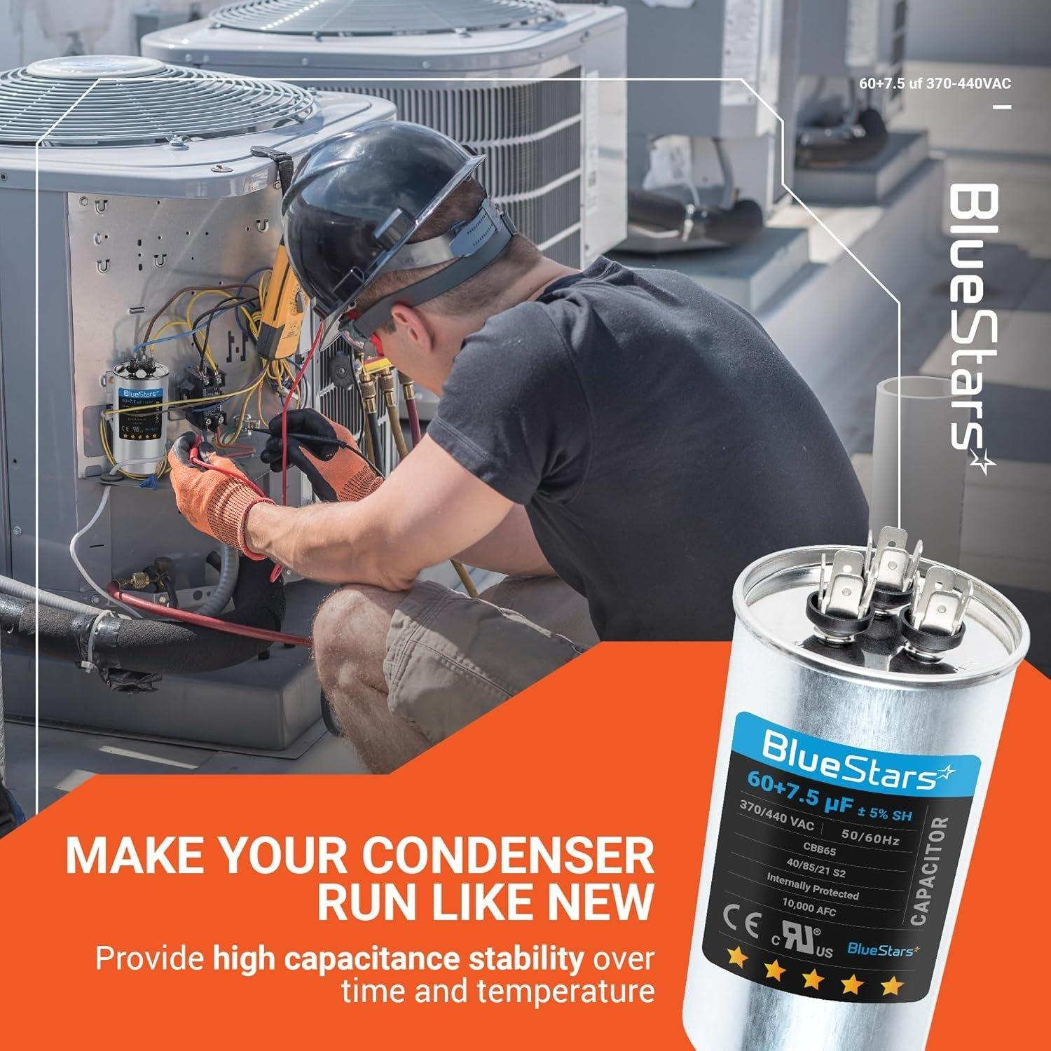 [Lifetime Warranty] 60+7.5 uF MFD Â±5% 370/440 VAC CBB65B Dual Run Round Capacitor - Fits AC Motor Run, Condenser, Heat Pump image 2