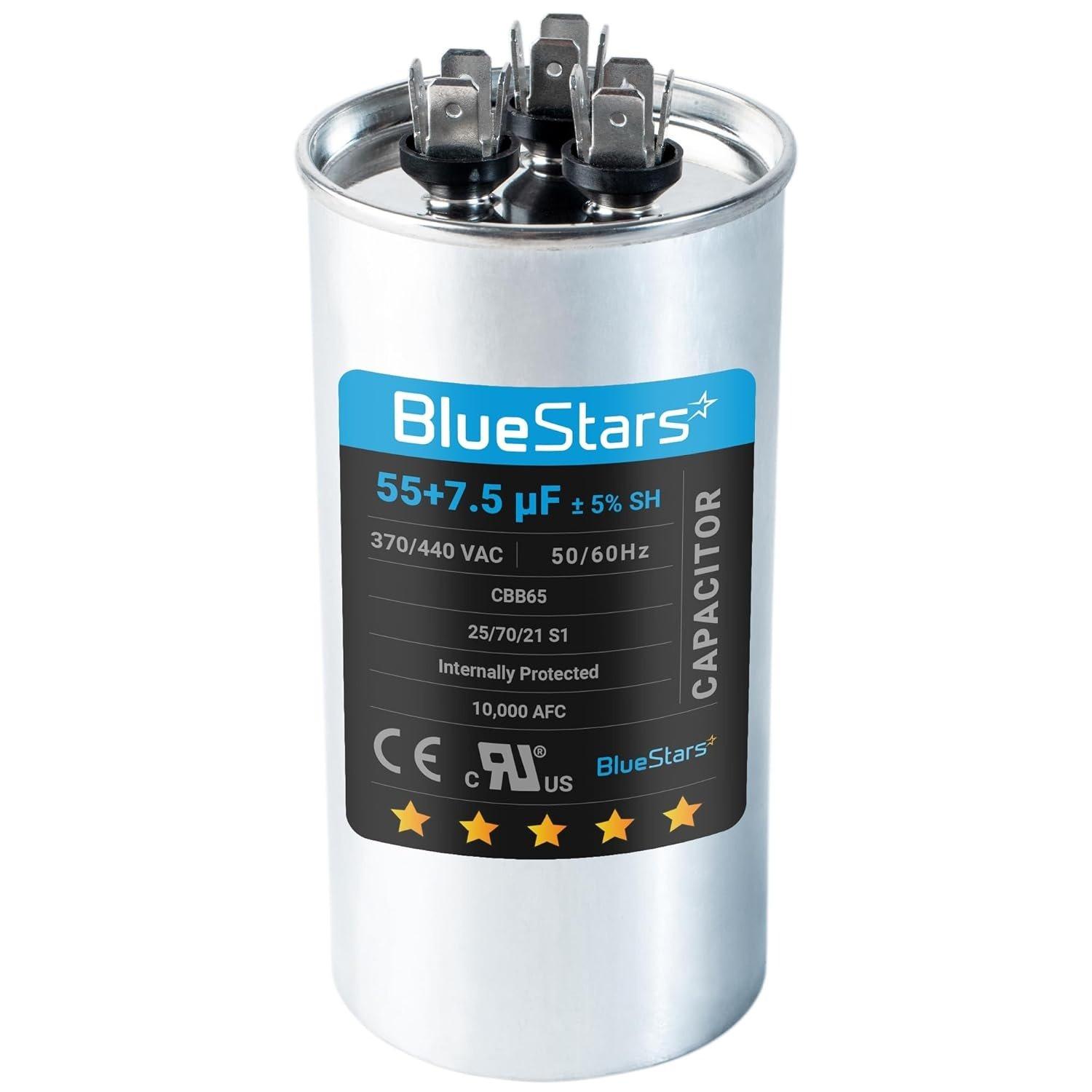 [Lifetime Warranty] 55+7.5 uF MFD ±5% 370/440 VAC CBB65B Dual Run Round Capacitor - Fits Condenser, Heat Pump - Replaces C35575R image 0