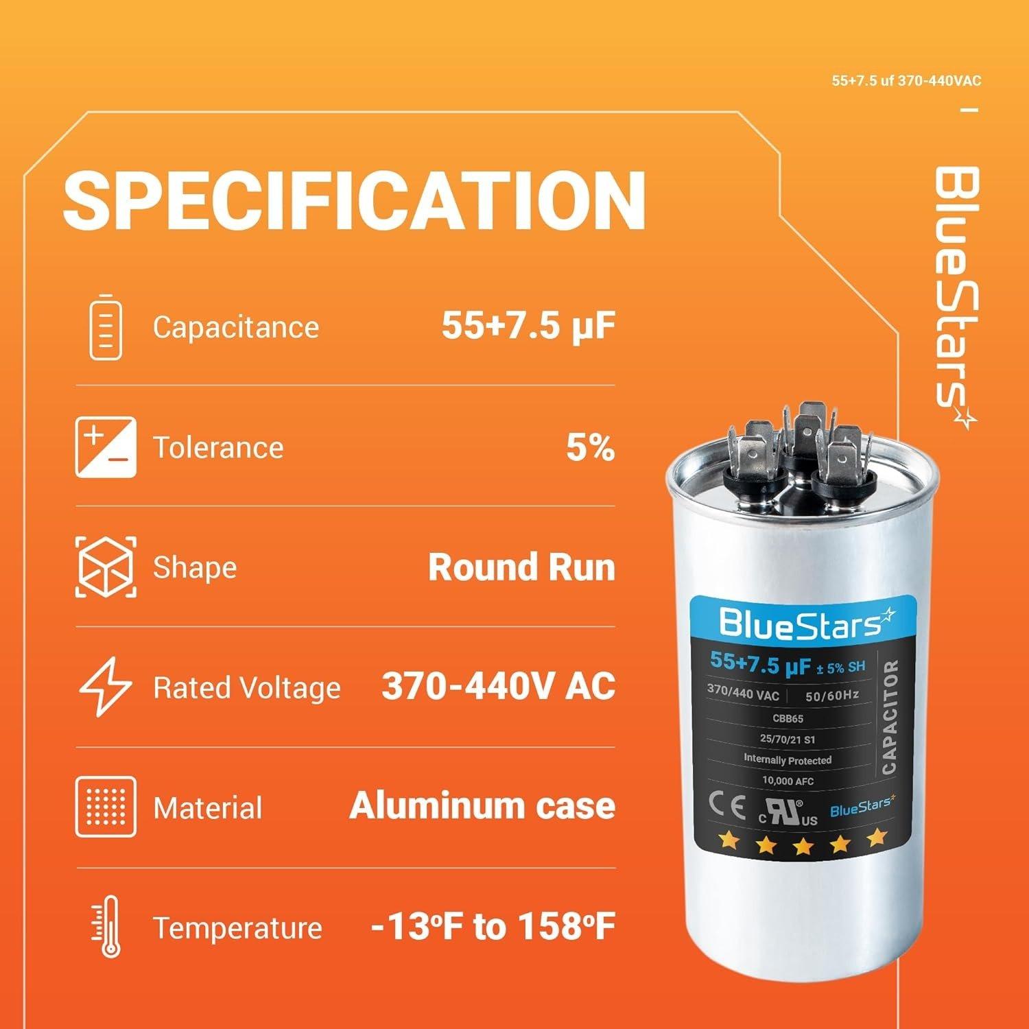 [Lifetime Warranty] 55+7.5 uF MFD ±5% 370/440 VAC CBB65B Dual Run Round Capacitor - Fits Condenser, Heat Pump - Replaces C35575R image 2
