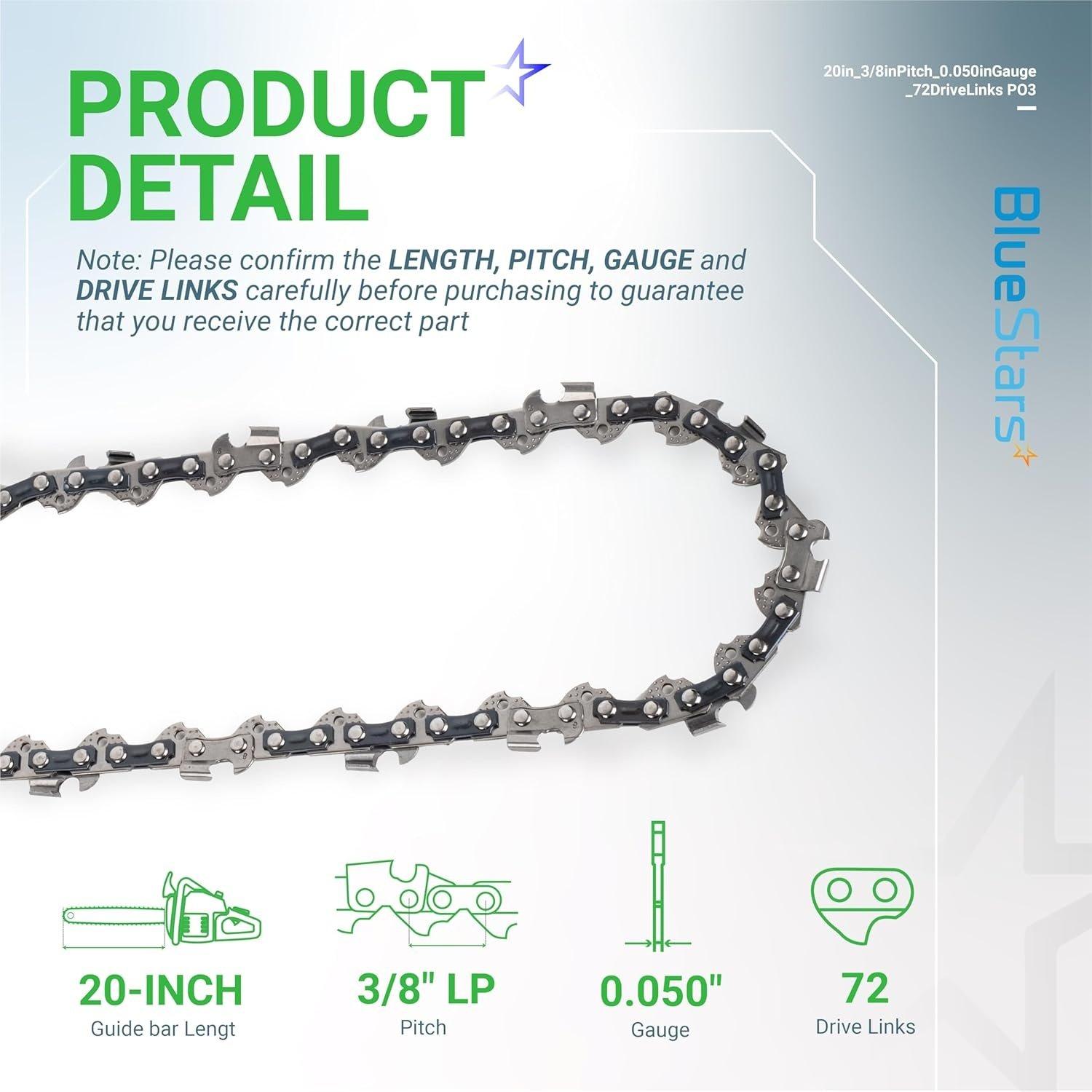 3 Packs 20-inch Chainsaw Chain 3/8" LP Pitch, 0.050" Gauge, 72 Drive Links image 1
