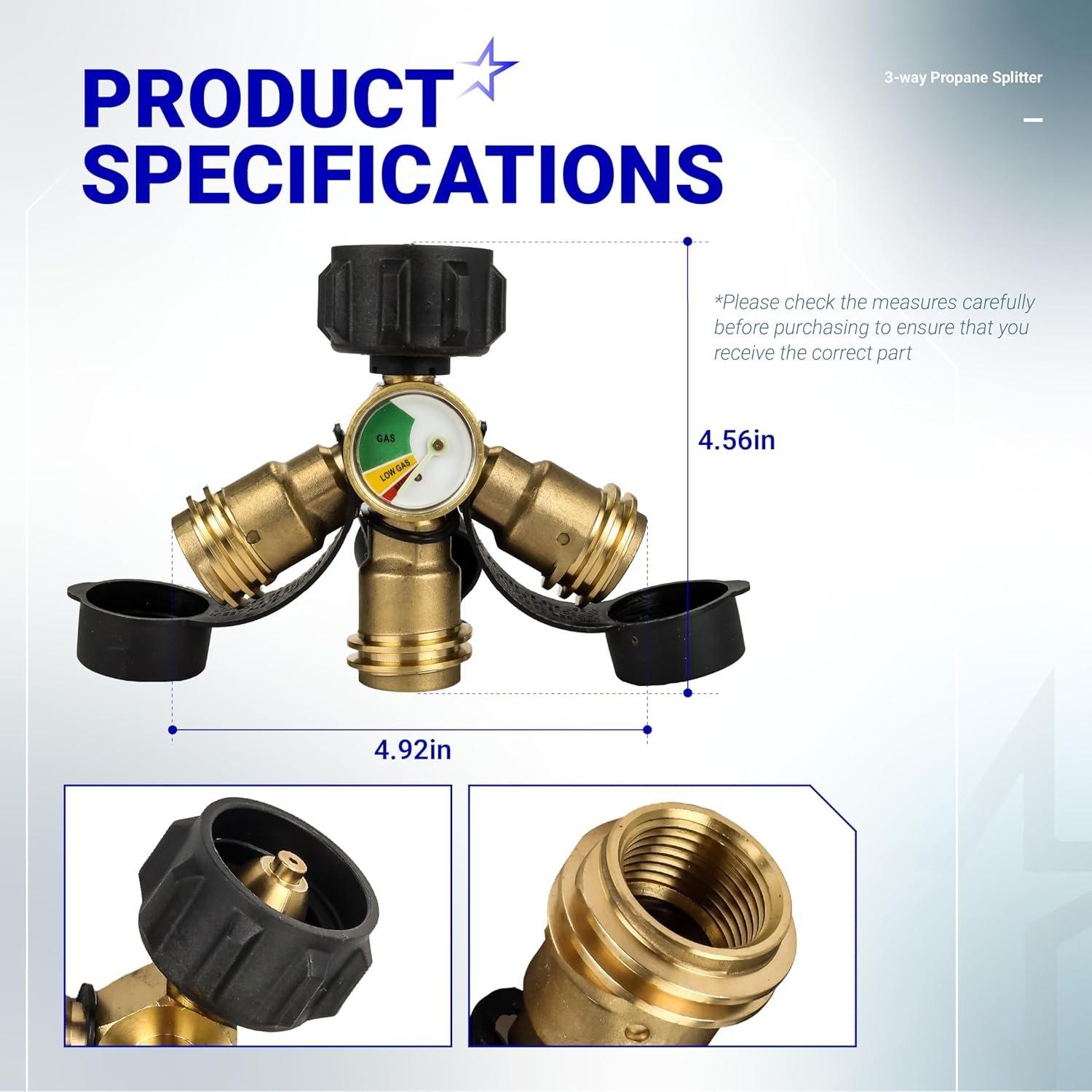 [Lifetime Warranty] 3 Way Propane Splitter Propane Connector QCC/POL with Gauge and Shut-Off Valve image 1