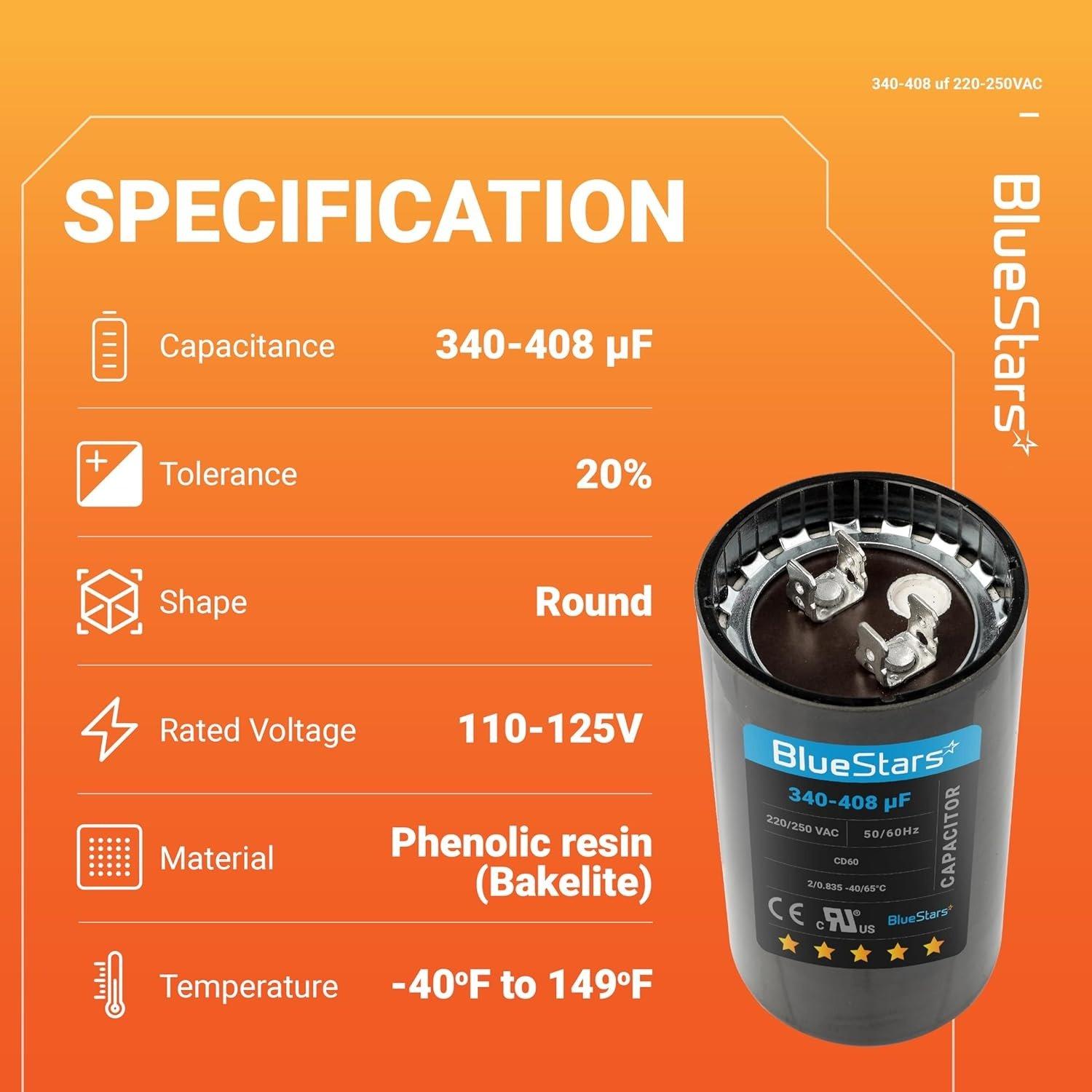 340-408 uf/MFD 220-250 VAC ±20% Volts Round Start Capacitor 50/60 Hz AC Electric image 3