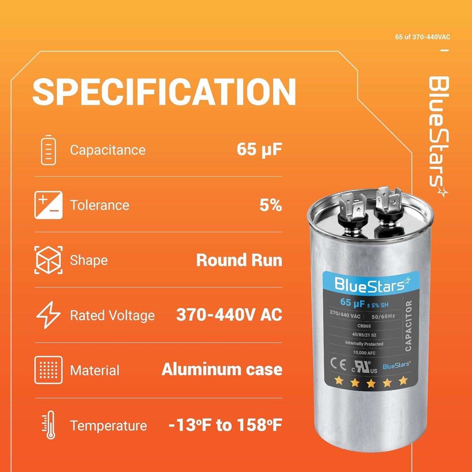 [Lifetime Warranty] 65 uF MFD 370/440 VAC Round Run Start Capacitor CBB65 - Fits AC Motor Run, Fan Start, Heat Pump image 1