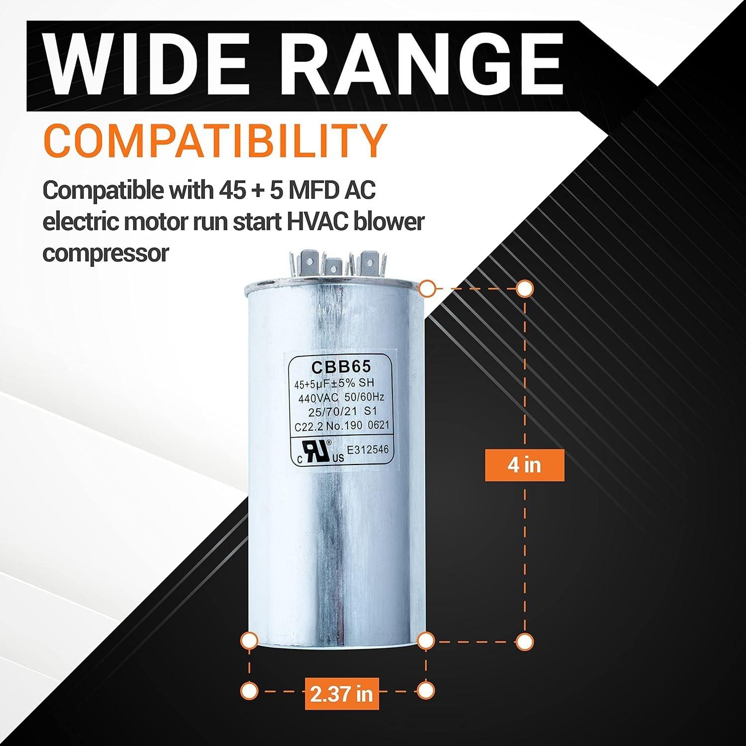 [Lifetime Warranty] 45+5 uF MFD 370/440 VAC Round Dual Circular Run Capacitor CBB65 50/60 Hz - Compatible with AC Motor Run, Fan Start, Condenser image 5