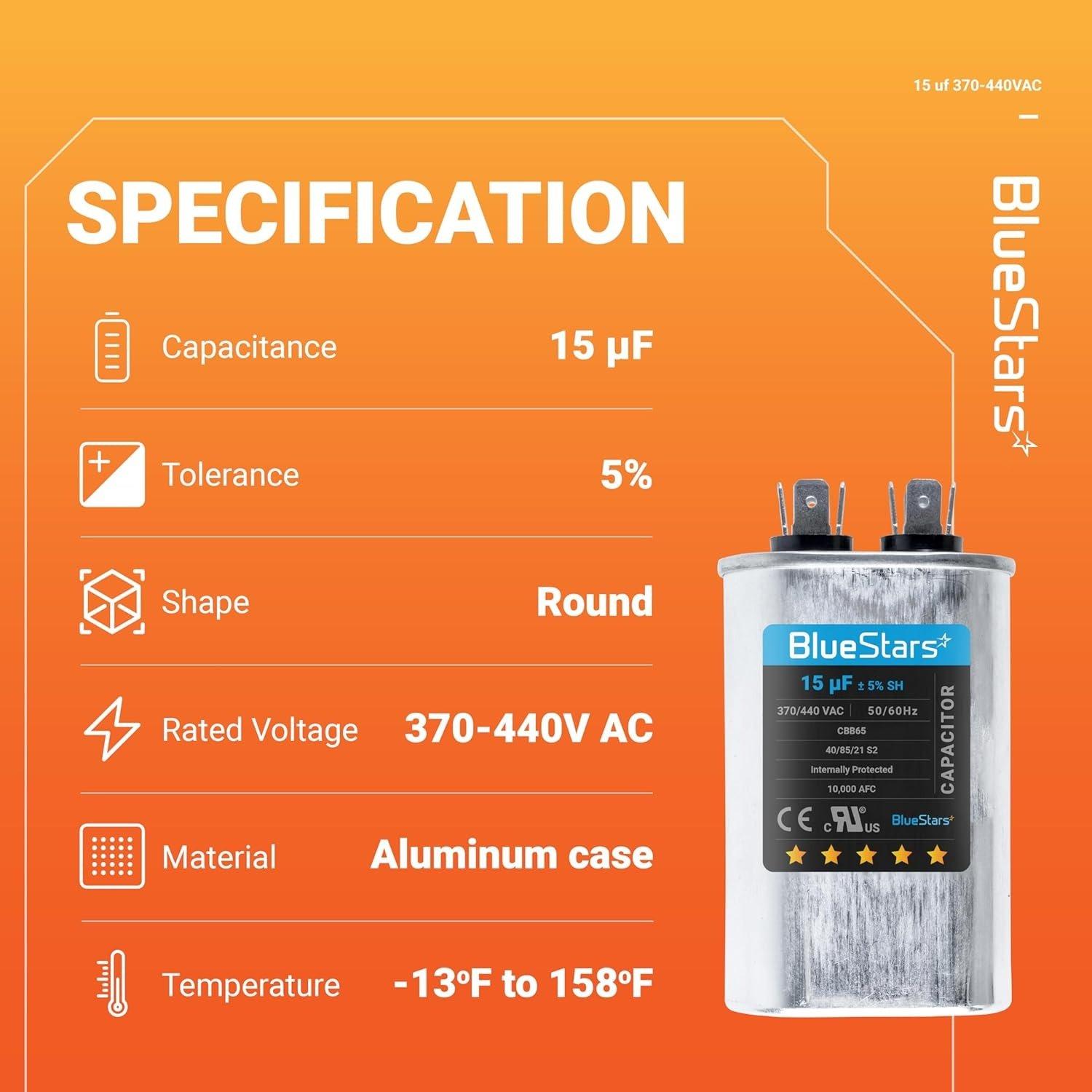 [Lifetime Warranty] 15 uF MFD 370/440 VAC Oval Run Start Capacitor CBB65 - Fits AC Motor, Condenser, Heat Pump - Replaces TRCF15 image 10