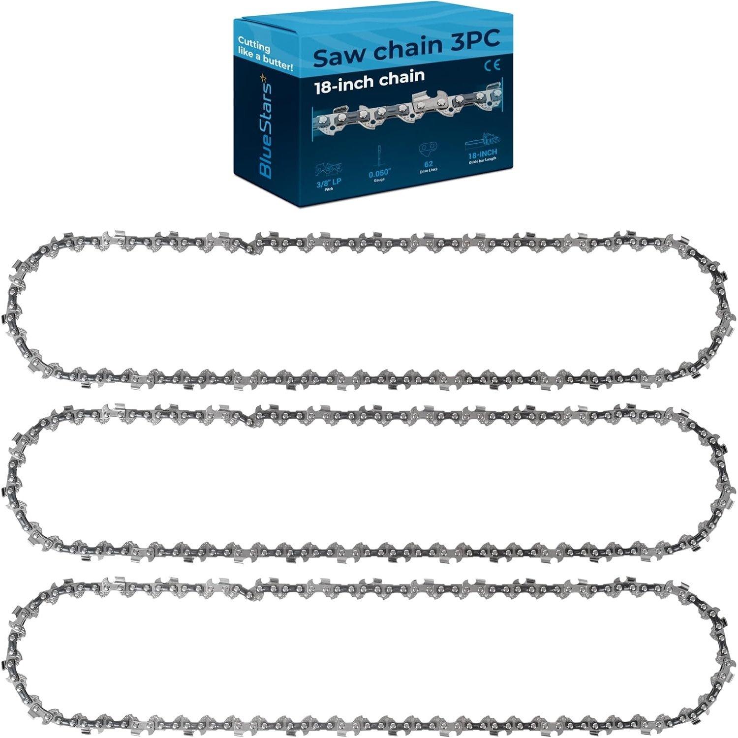 [Lifetime Warranty] 18-inch Chainsaw Chain 3/8" LP Pitch, 0.050" Gauge, 62 Drive Links - Pack of 3 image 0