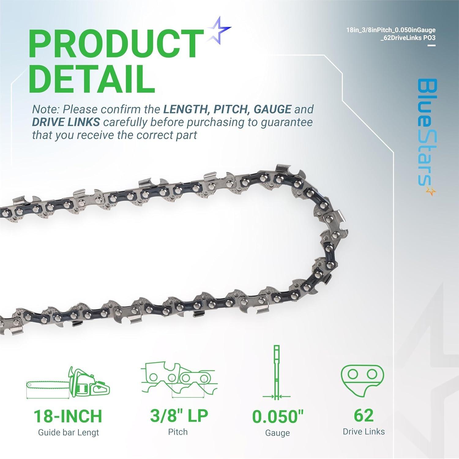 [Lifetime Warranty] 18-inch Chainsaw Chain 3/8" LP Pitch, 0.050" Gauge, 62 Drive Links - Pack of 3 image 2
