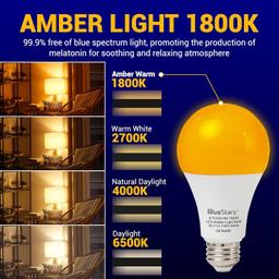 [Lifetime Warranty] Amber Sleep Light Bulbs - Blue Light Blocking, 9W A19, 1800K Warm, E26 Base - Pack of 4 thumbnail 2