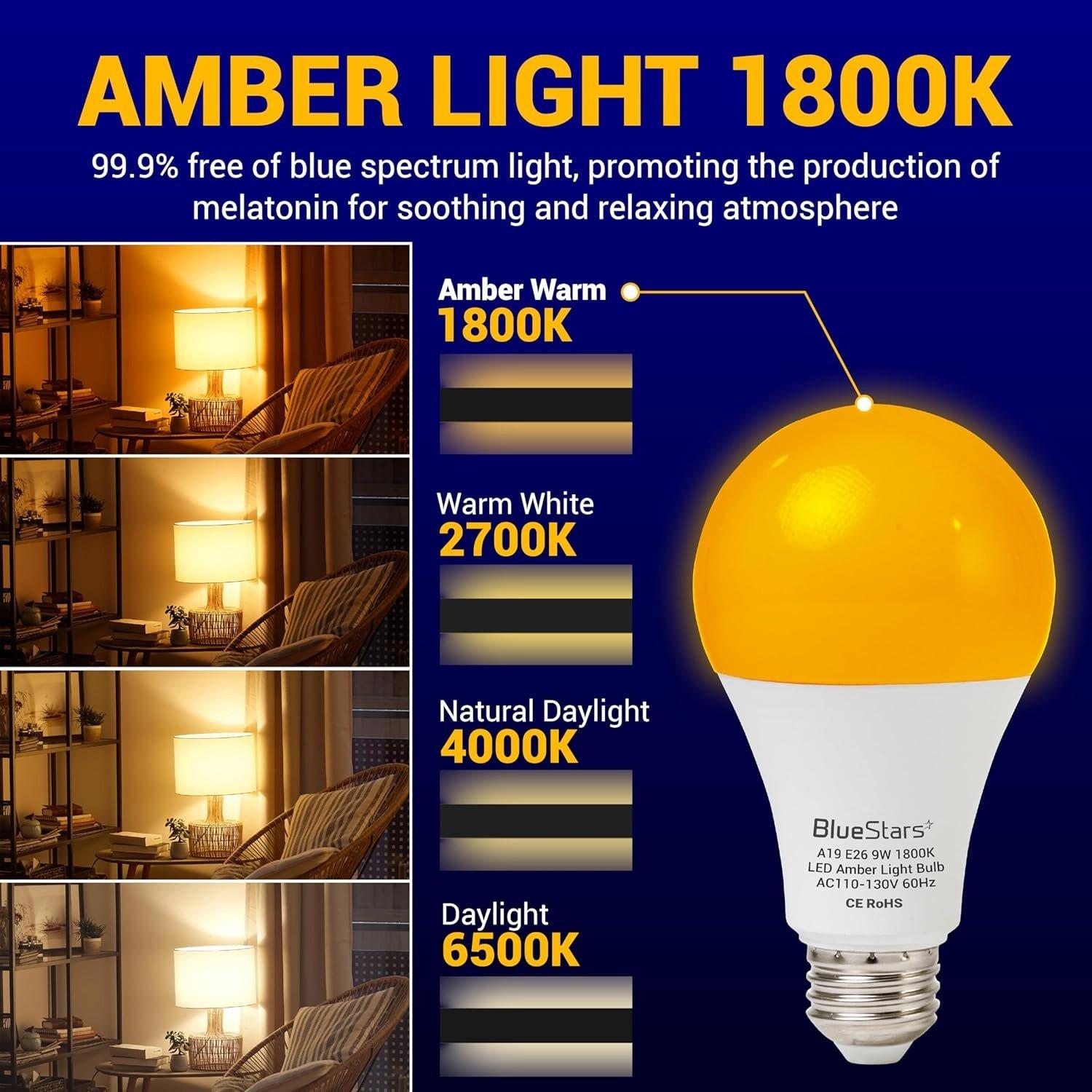 [Lifetime Warranty] Amber Sleep Light Bulbs - Blue Light Blocking, 9W A19, 1800K Warm, E26 Base - Pack of 4 image 2