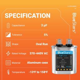 [Lifetime Warranty] 3 uF MFD ±5% 370/440 VAC CBB65 Oval Run Start Capacitor 50/60 Hz - Fits Air Conditioners, Heat Pumps, Condenser Fan Motors thumbnail 9