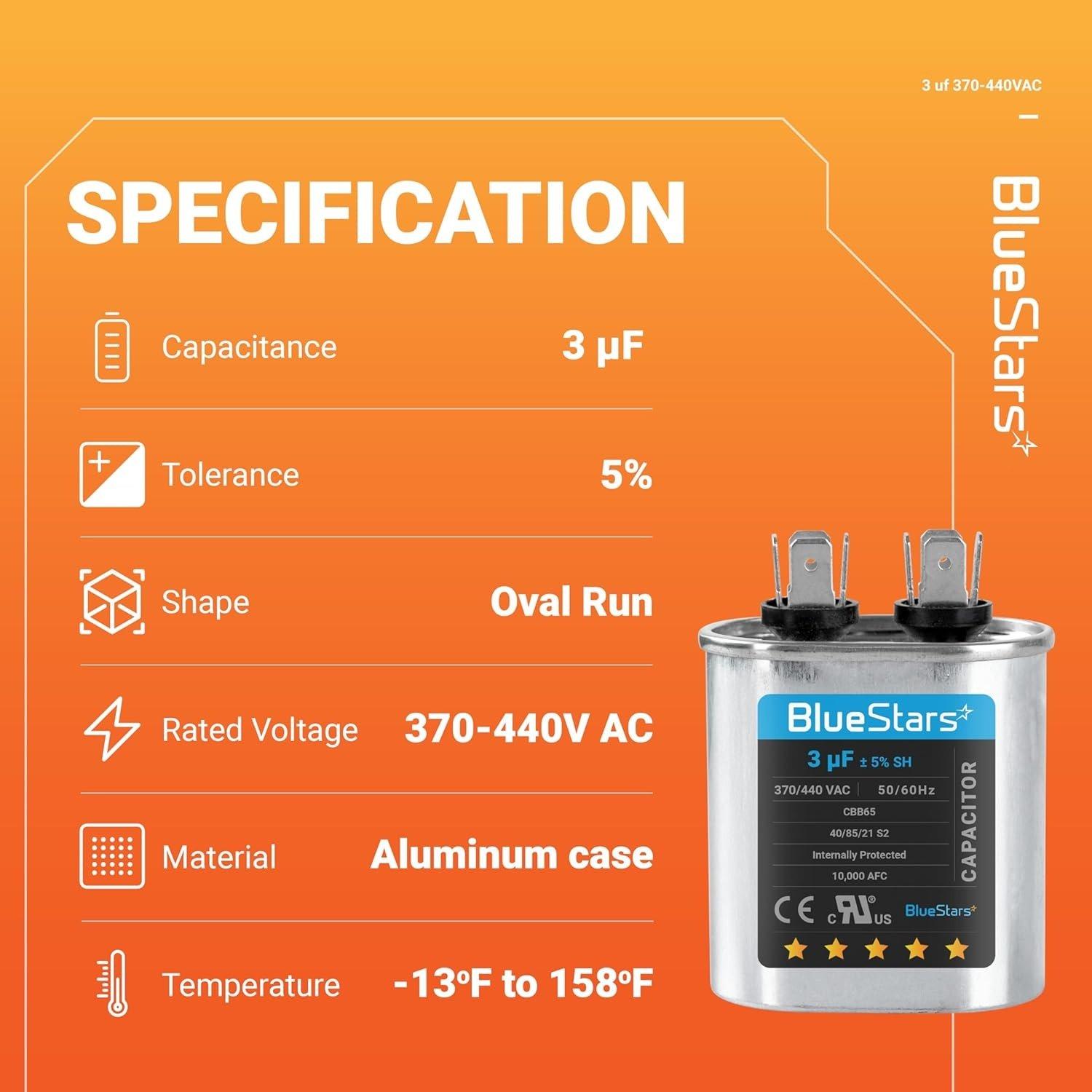 [Lifetime Warranty] 3 uF MFD ±5% 370/440 VAC CBB65 Oval Run Start Capacitor 50/60 Hz - Fits Air Conditioners, Heat Pumps, Condenser Fan Motors image 9