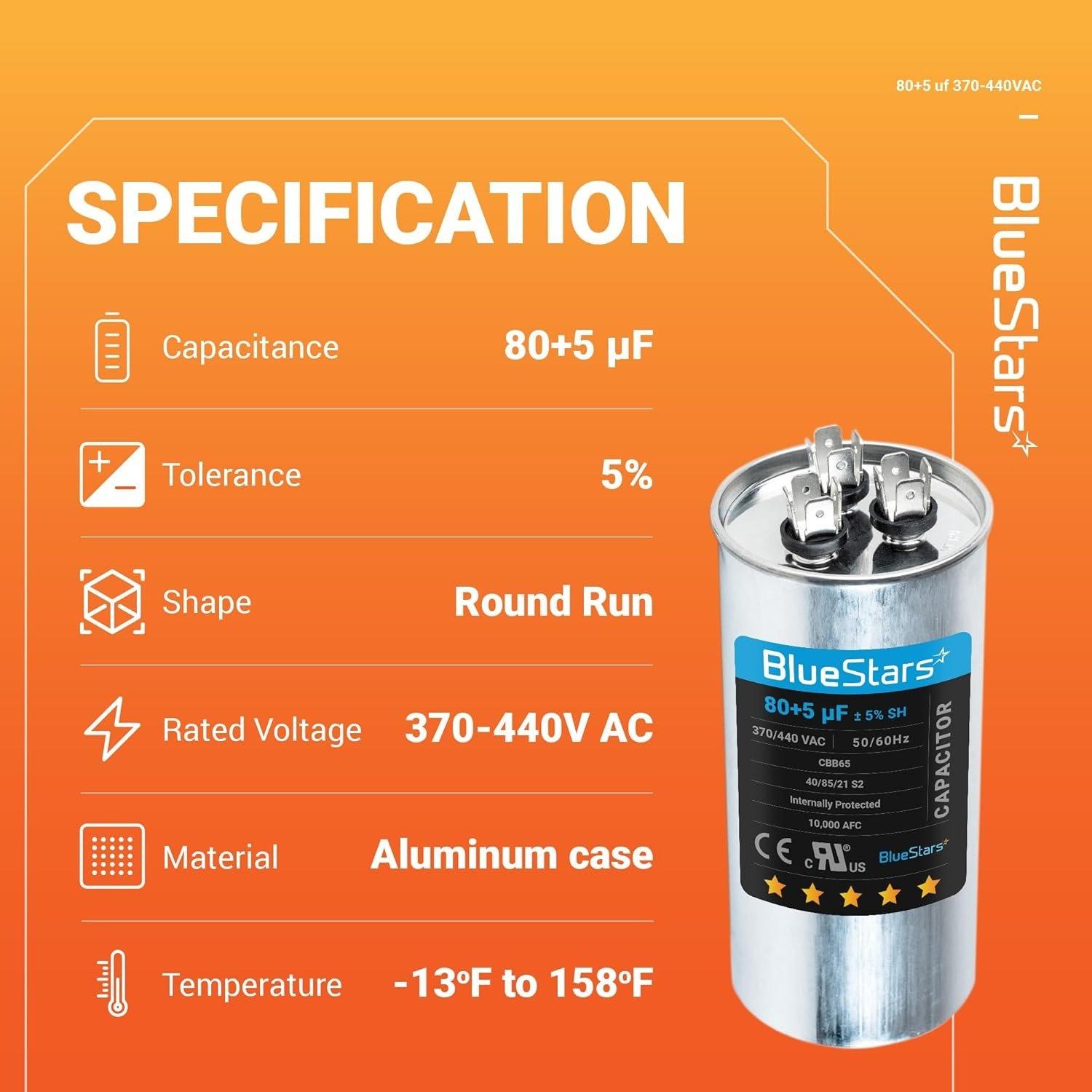 [Lifetime Warranty] 80+5 uF MFD ±5% 370/440 VAC Dual Run Round Capacitor TP-CAP-80/5/440R - Fits Condenser Straight Cool, Heat Pump image 4