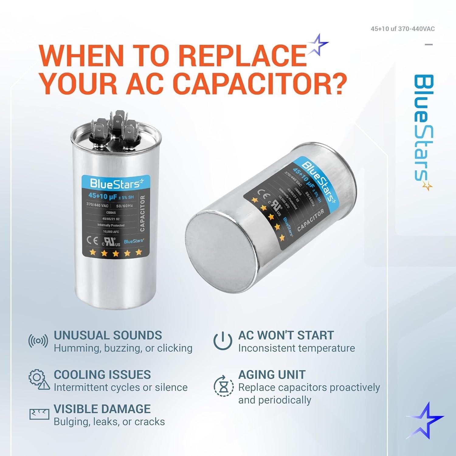[Lifetime Warranty] 45+10 uF MFD ±5% 370/440 VAC Dual Run Start Round Capacitor CBB65 CBB65B 50/60 Hz - Fits AC Unit Fan Motor, Heat Pump image 1