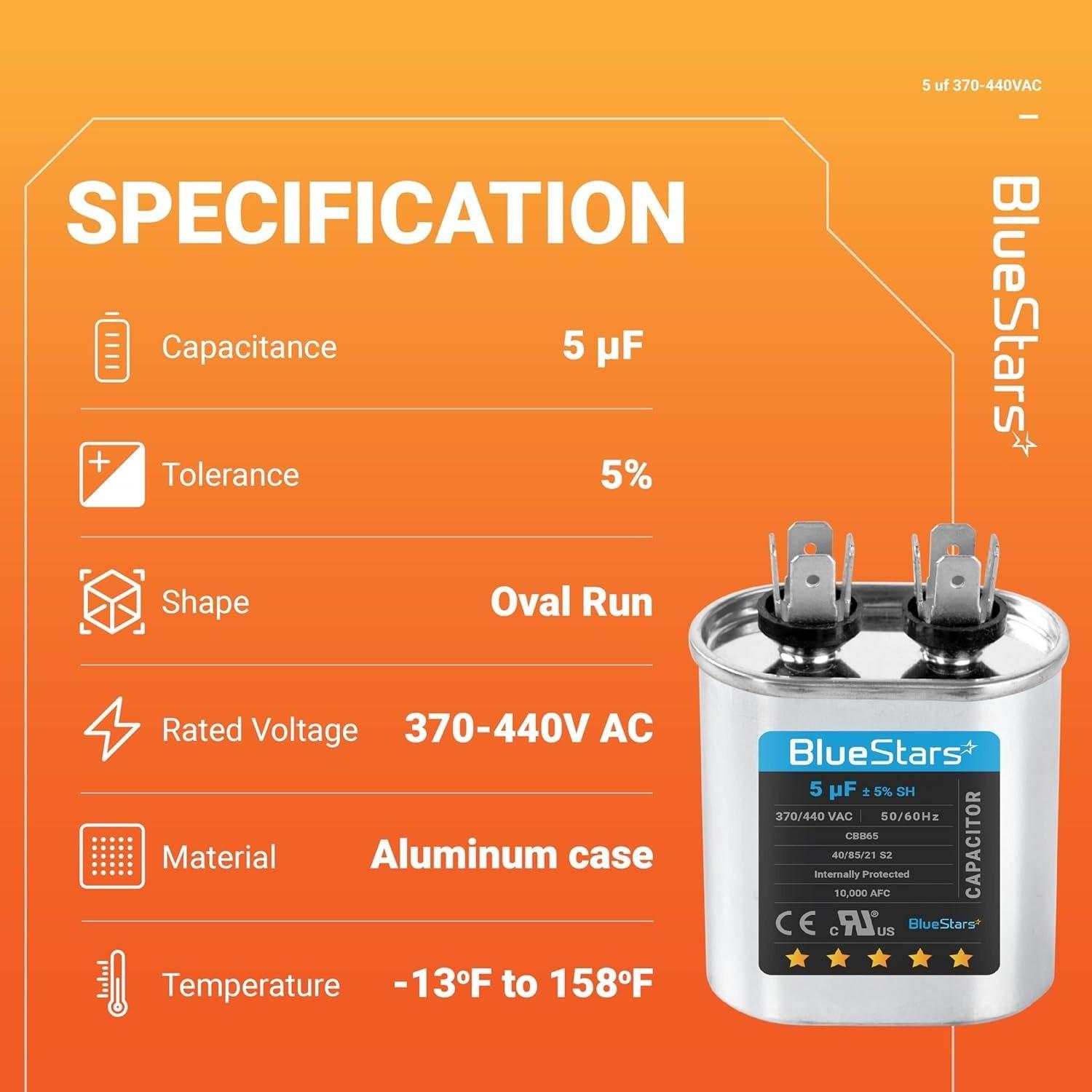 [Lifetime Warranty] 5 uF MFD Â±5% 370/440 VAC Oval Run Start Capacitor - Fits AC Motor Run, Fan Start, Heat Pump - Replaces 97F5705 image 6