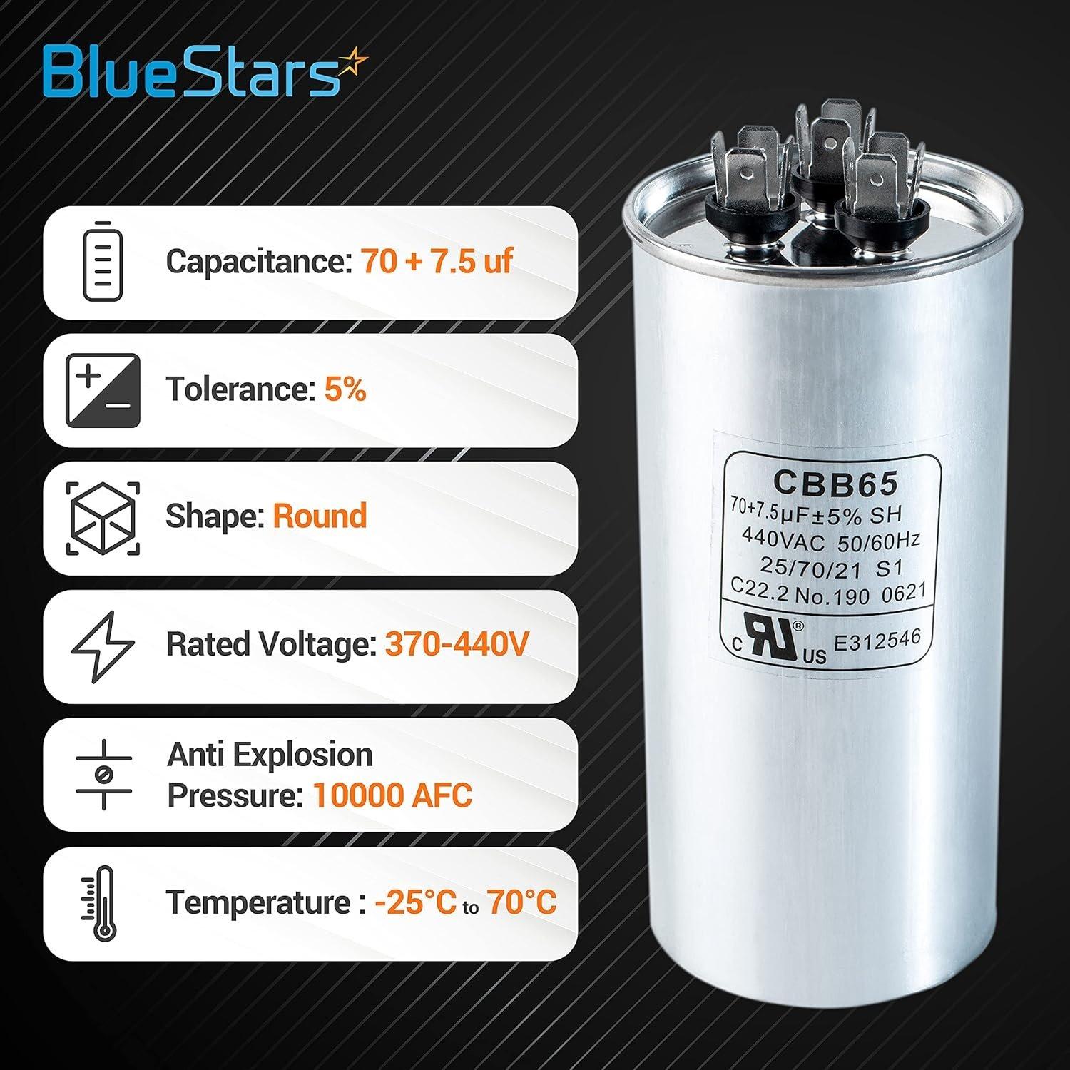 [Lifetime Warranty] 70+7.5 uF MFD 370/440 VAC Round Dual Run Capacitor - Fits Air Conditioner or Heat Pump Condenser image 1