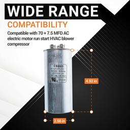 [Lifetime Warranty] 70+7.5 uF MFD 370/440 VAC Round Dual Run Capacitor - Fits Air Conditioner or Heat Pump Condenser thumbnail 2