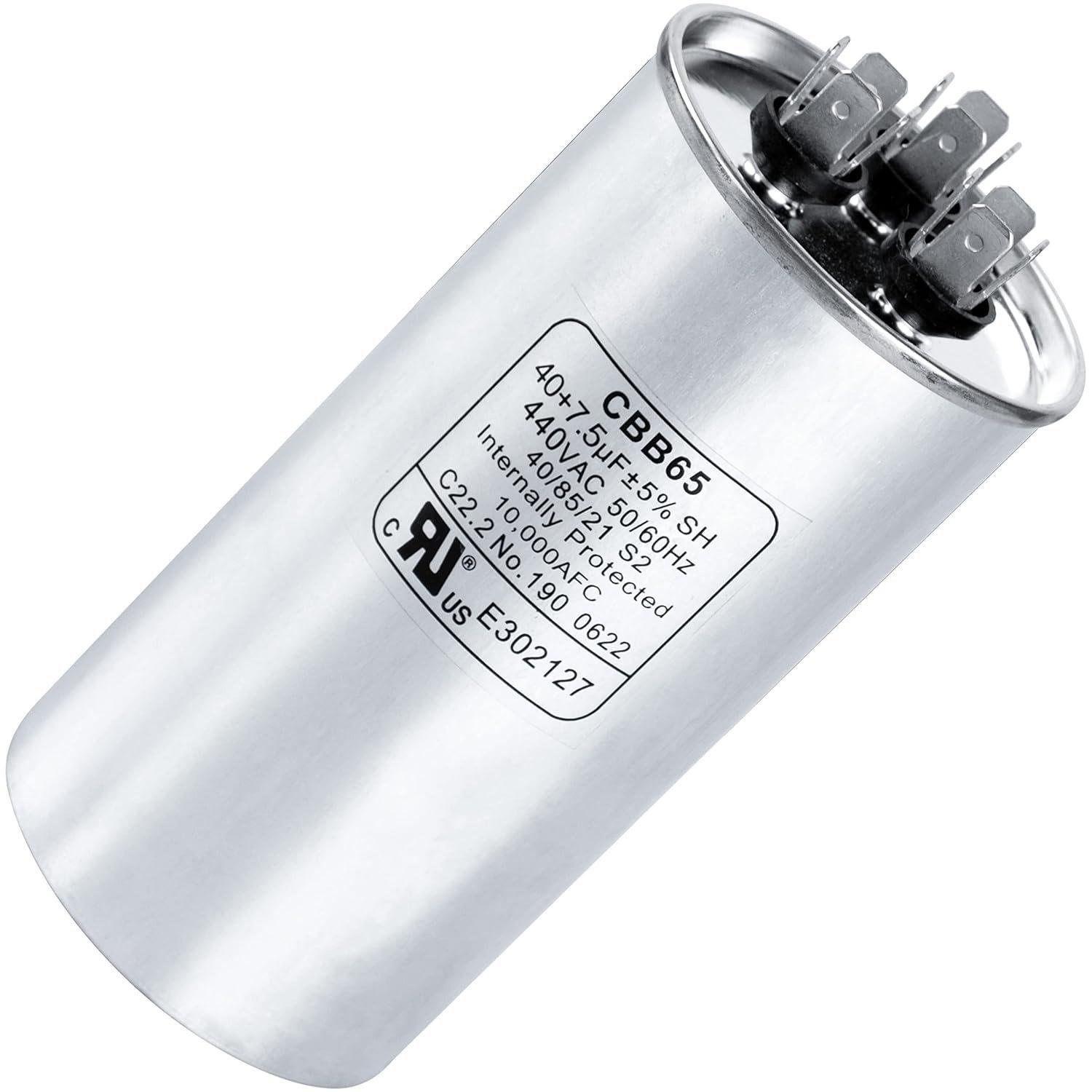 CBB65 CBB65B 40+7.5 uF ±5% 40/7.5 MFD 370/440 VAC Dual Run Start Round Capacitor image 0