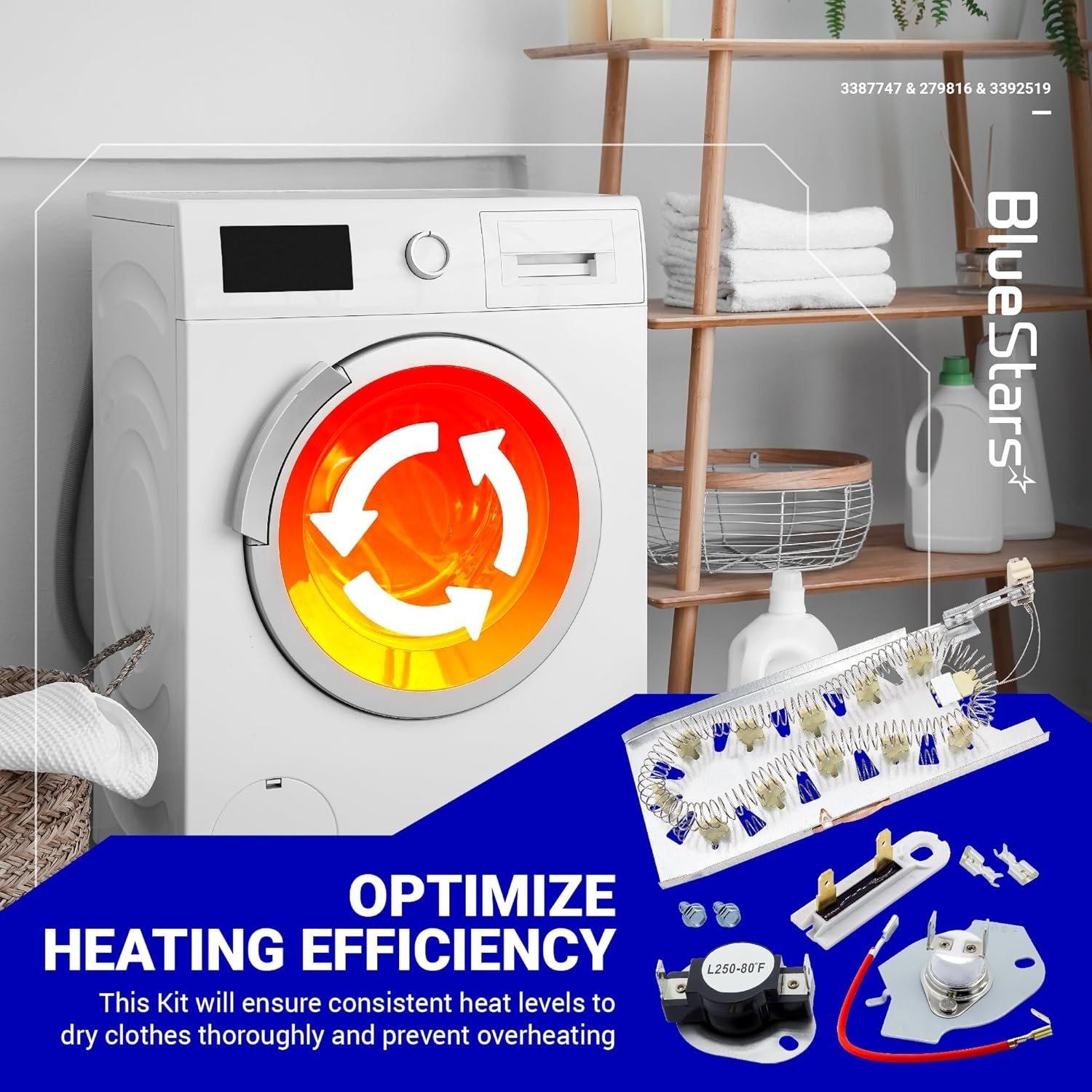 3387747 Dryer Heating Element & 279816 Thermostat Cut off Kit & 3392519 Thermal Fuse image 2