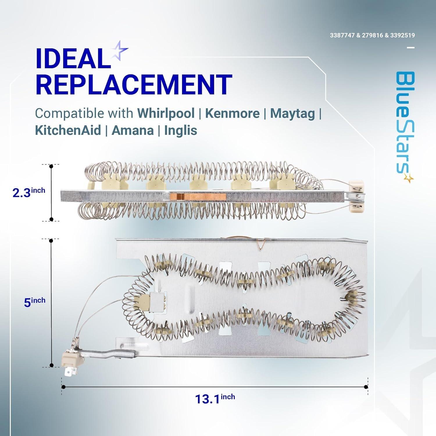 3387747 Dryer Heating Element & 279816 Thermostat Cut off Kit & 3392519 Thermal Fuse image 1
