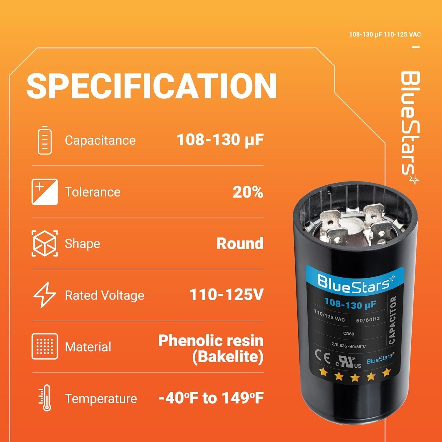 [Lifetime Warranty] 108-130 uF MFD 110-125 VAC ±20% 50/60 Hz CD60 Round Start Capacitor - Fits Pool Pump, Well Pump - Pack of 2 image 1