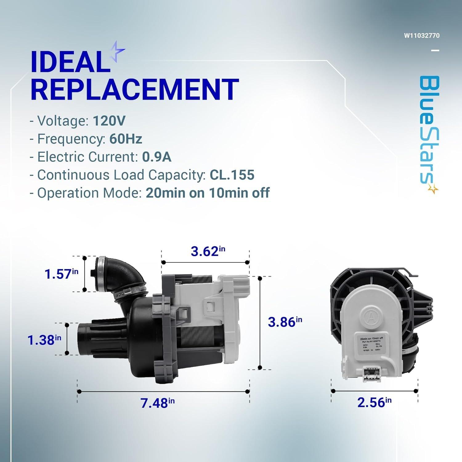 [Lifetime Warranty] W11032770 Dishwasher Circulation Pump Motor Assembly - Compatible with Whirlpool Kenmore KitchenAid Dishwashers - Replaces WPW10529163 W10529163 W10885542 W10864037 W10816492 image 1