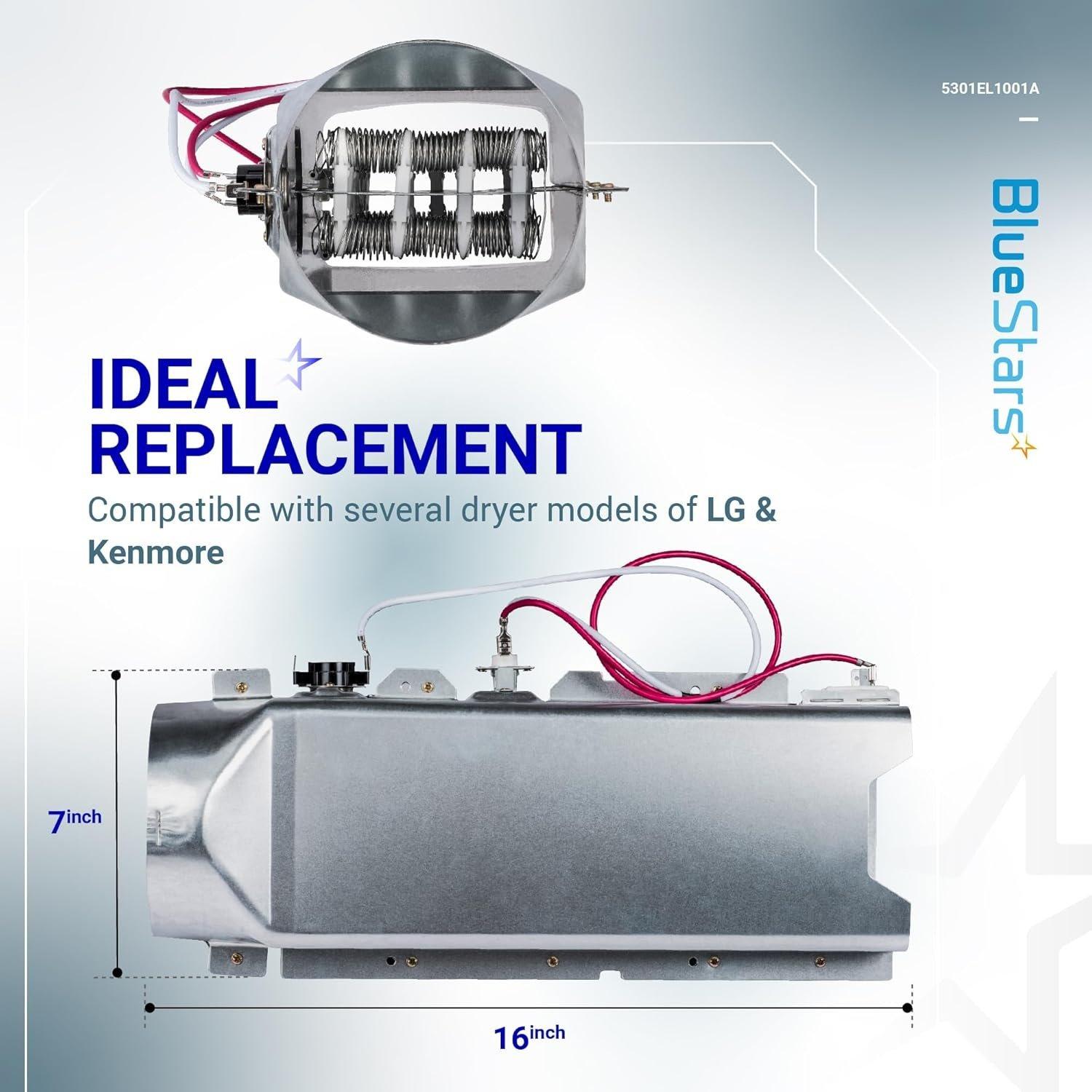 [Lifetime Warranty] 5301EL1001A Dryer Heating Element - For LG DLE7177W DLE5977W DLE8377NM DLE2516W DLEX3700W DLE5955W DLE0442W DLE4970W DLE5955G DLE9577SM - Replaces 5301EL1001J 5301EL1001H image 1